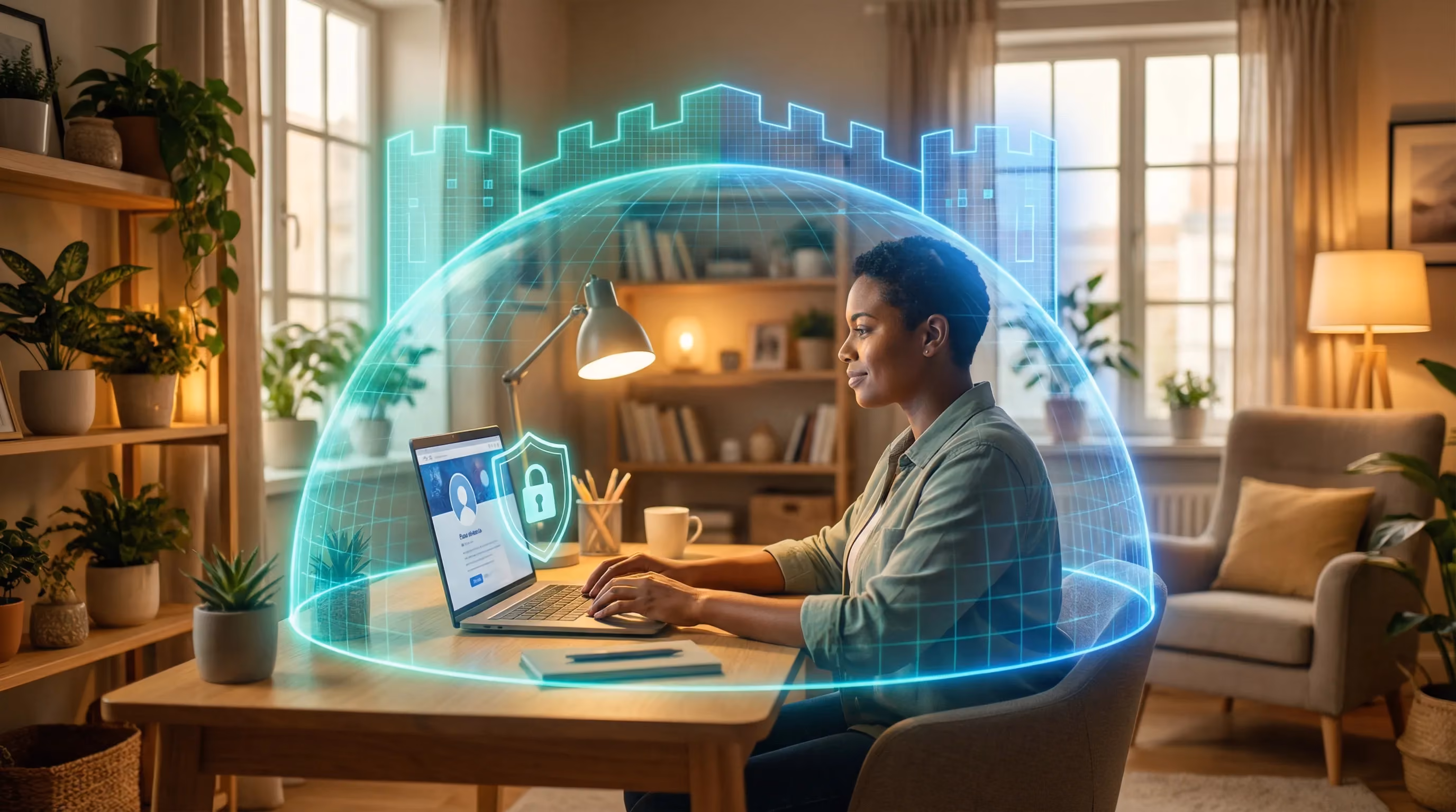 Person at desk with laptop showing social profile shield, protected by teal-blue fortress dome