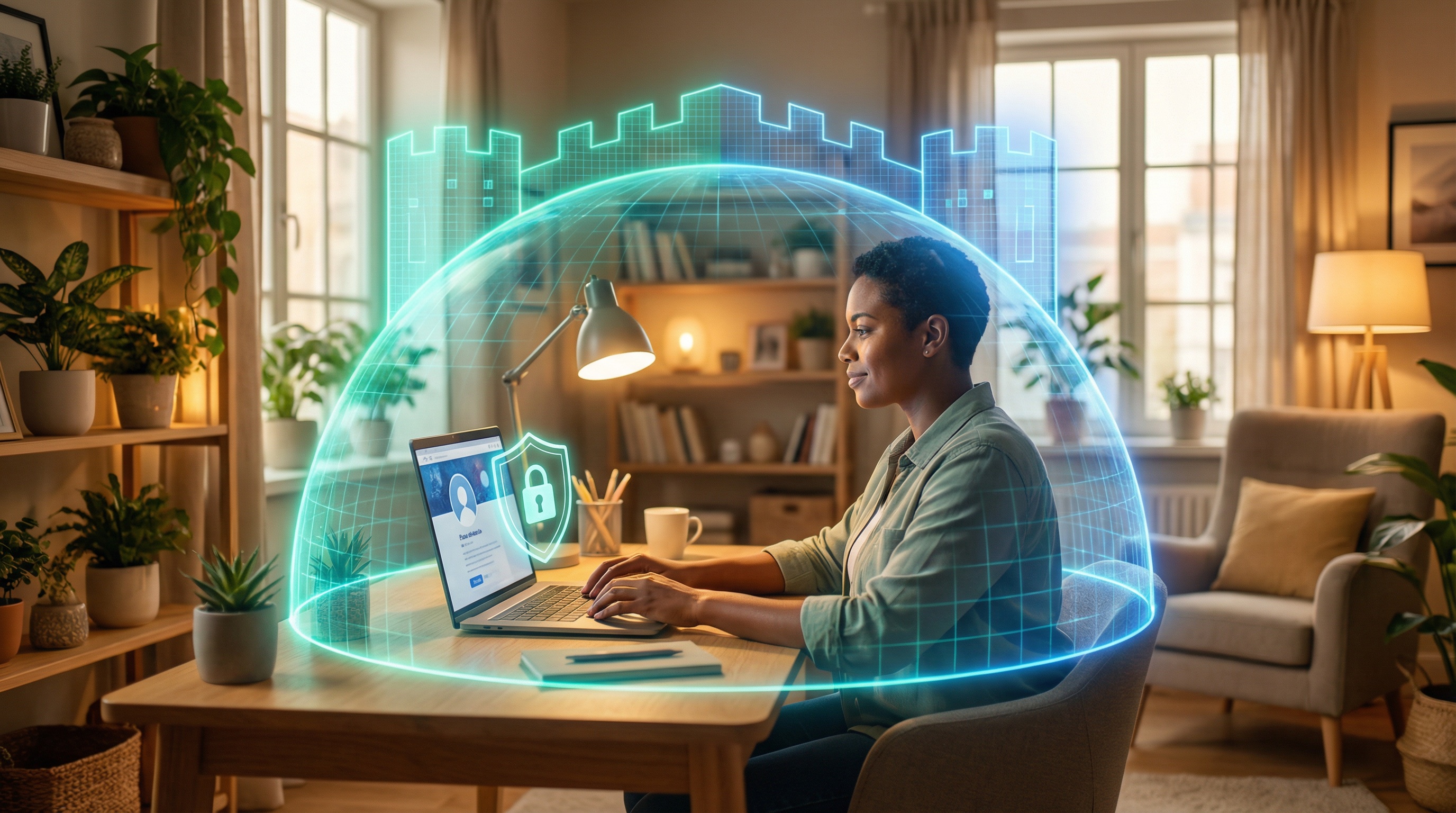 Person at desk with laptop showing social profile shield, protected by teal-blue fortress dome