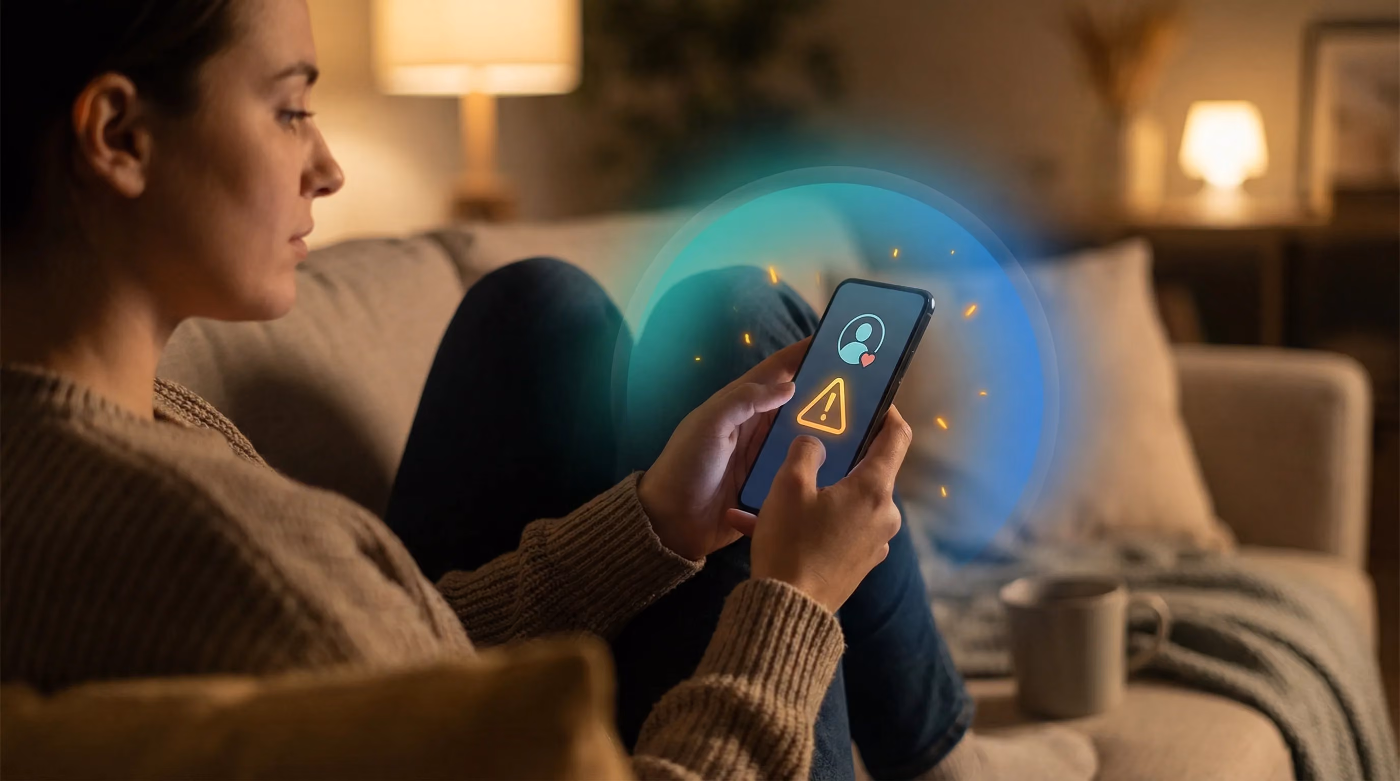 Person on couch holding phone showing dating app profile with warning, teal-blue protective aura around phone