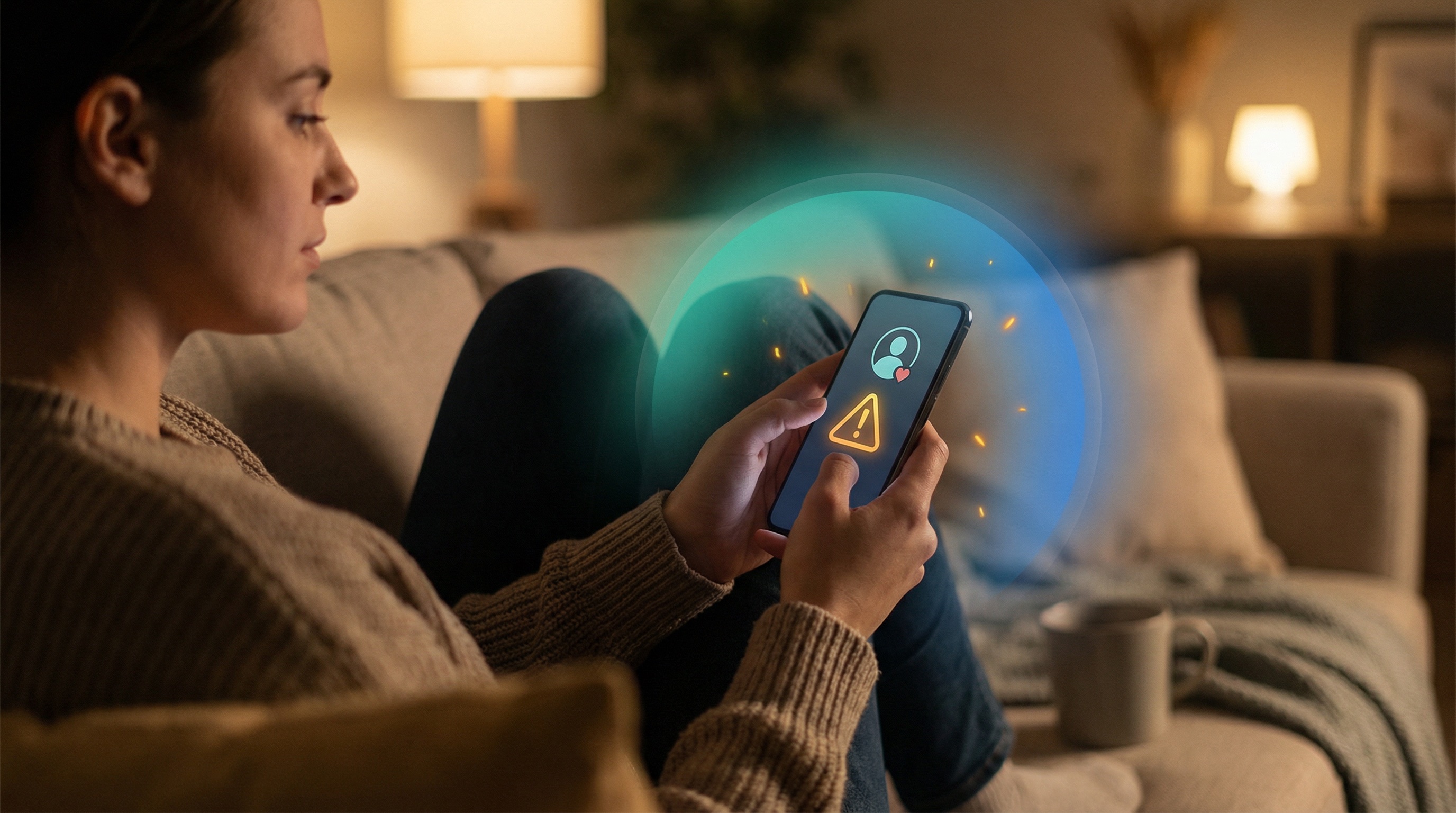Person on couch holding phone with dating profile warning icon, protected by teal-blue aura with amber accents