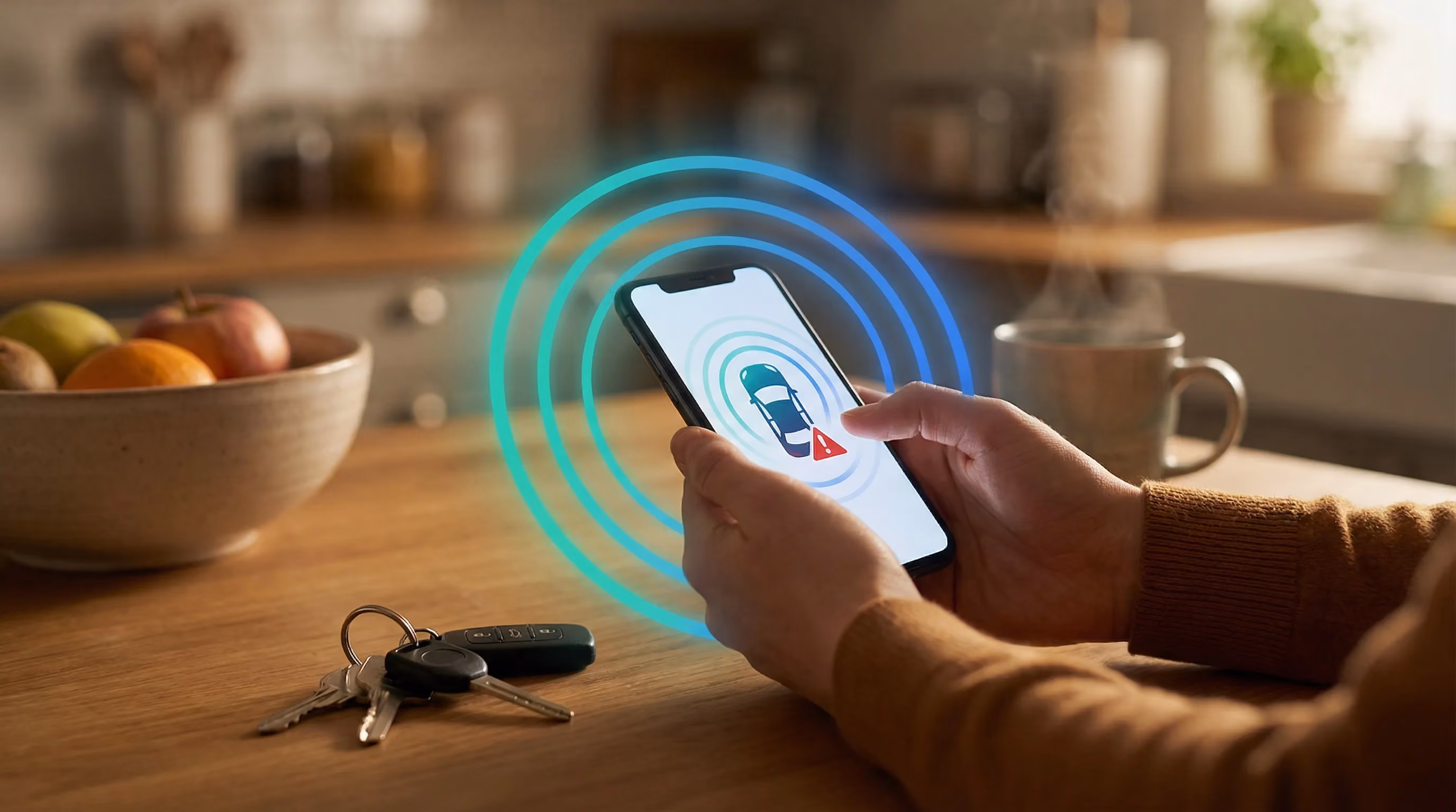 Hands holding smartphone with car icon warning, car keys nearby, teal-blue protective rings emanating from phone