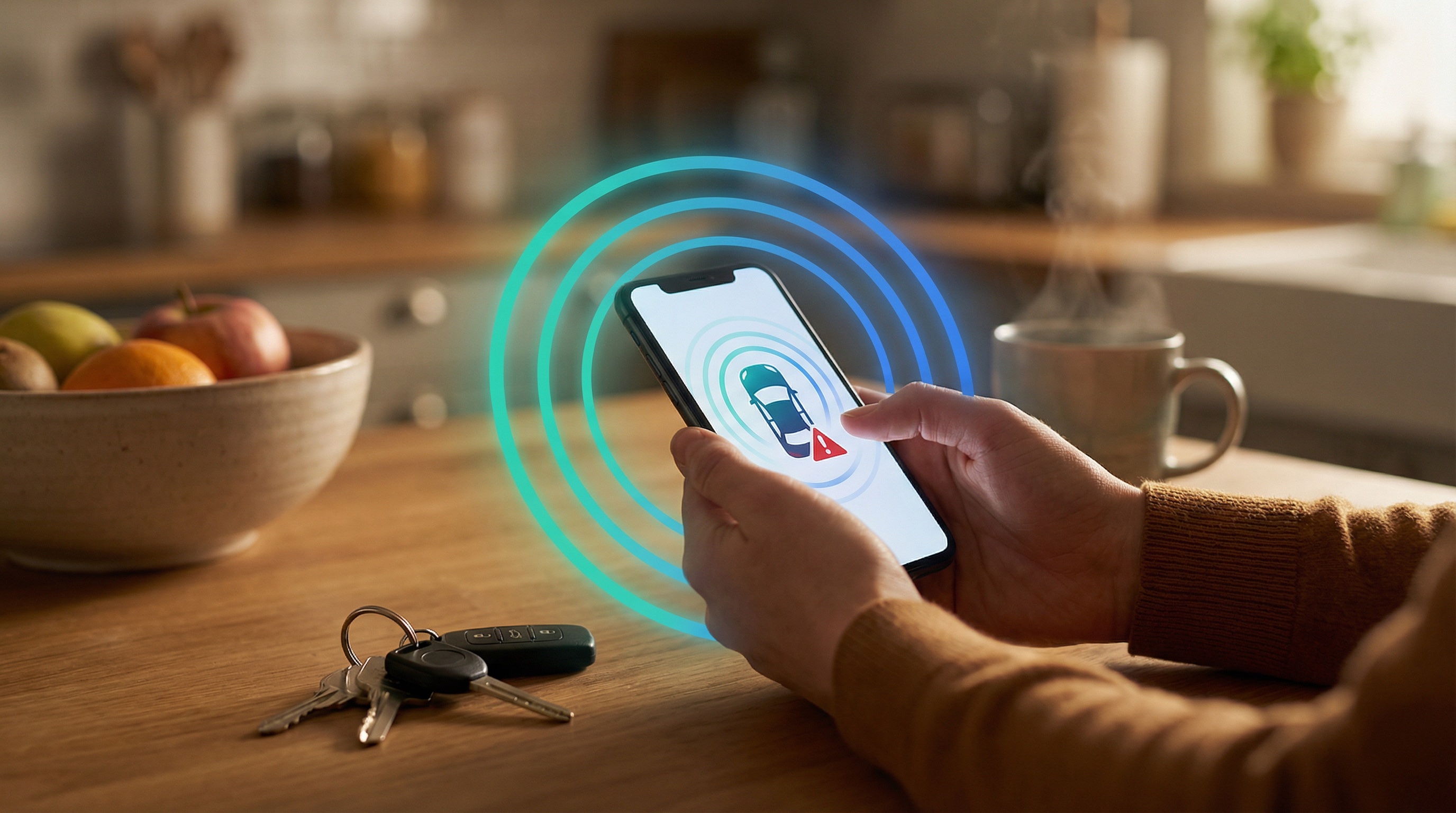 Hands holding smartphone with car warning icon, car keys nearby, protected by teal-blue concentric rings
