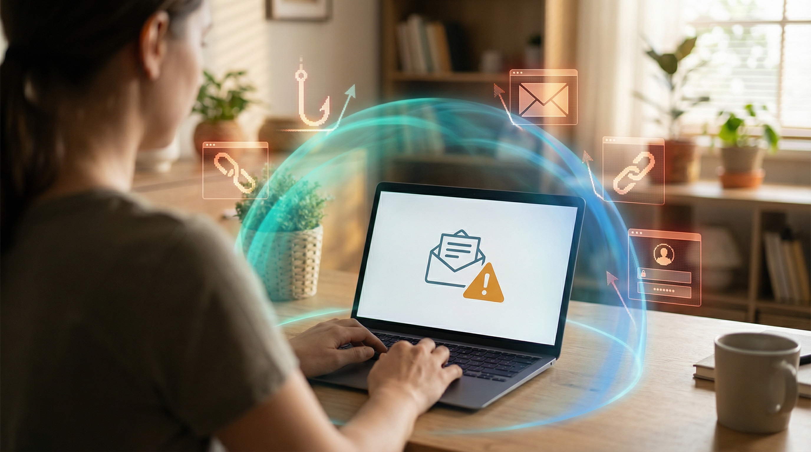 Person at home desk with laptop showing email warning, phishing threat icons blocked by teal-blue protective shield