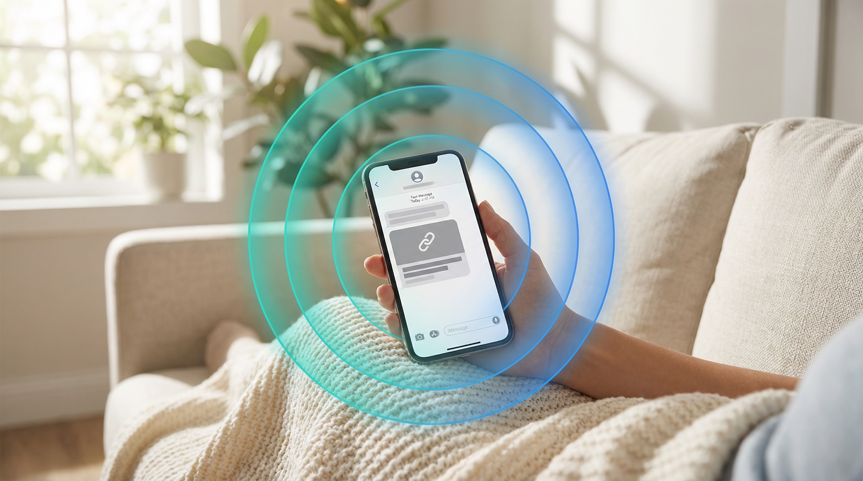 How to check if a shortened URL link is safe - person on couch checking text message with protective glow