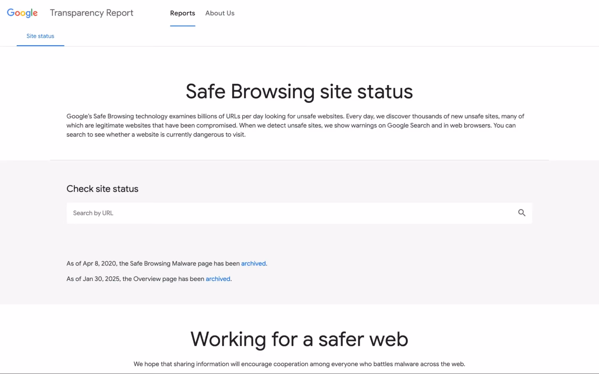 Google Transparency Report page showing Safe Browsing site status, URL search bar, and information about archived malware and overview pages.