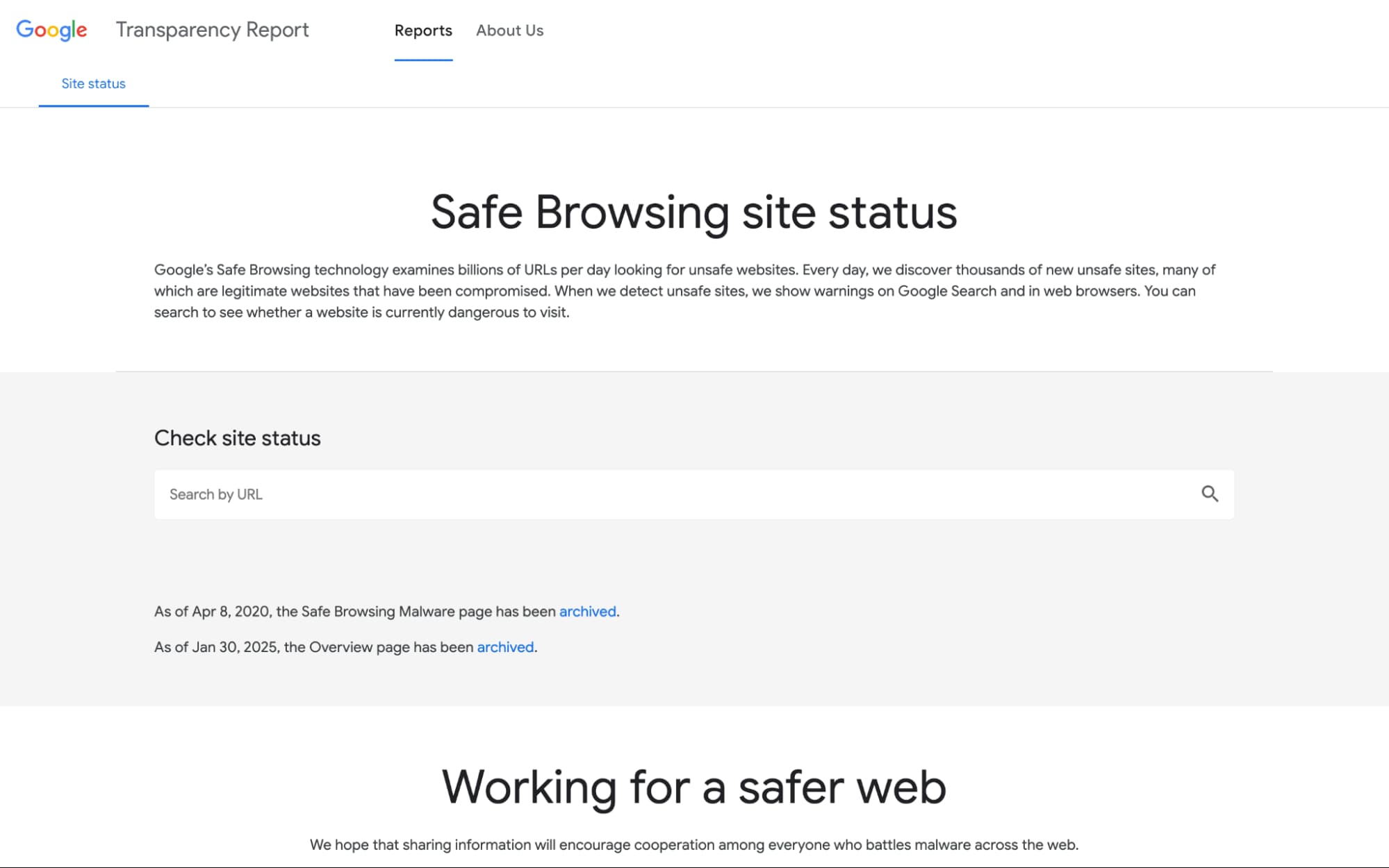 Google Transparency Report page showing Safe Browsing site status, URL search bar, and information about archived malware and overview pages.