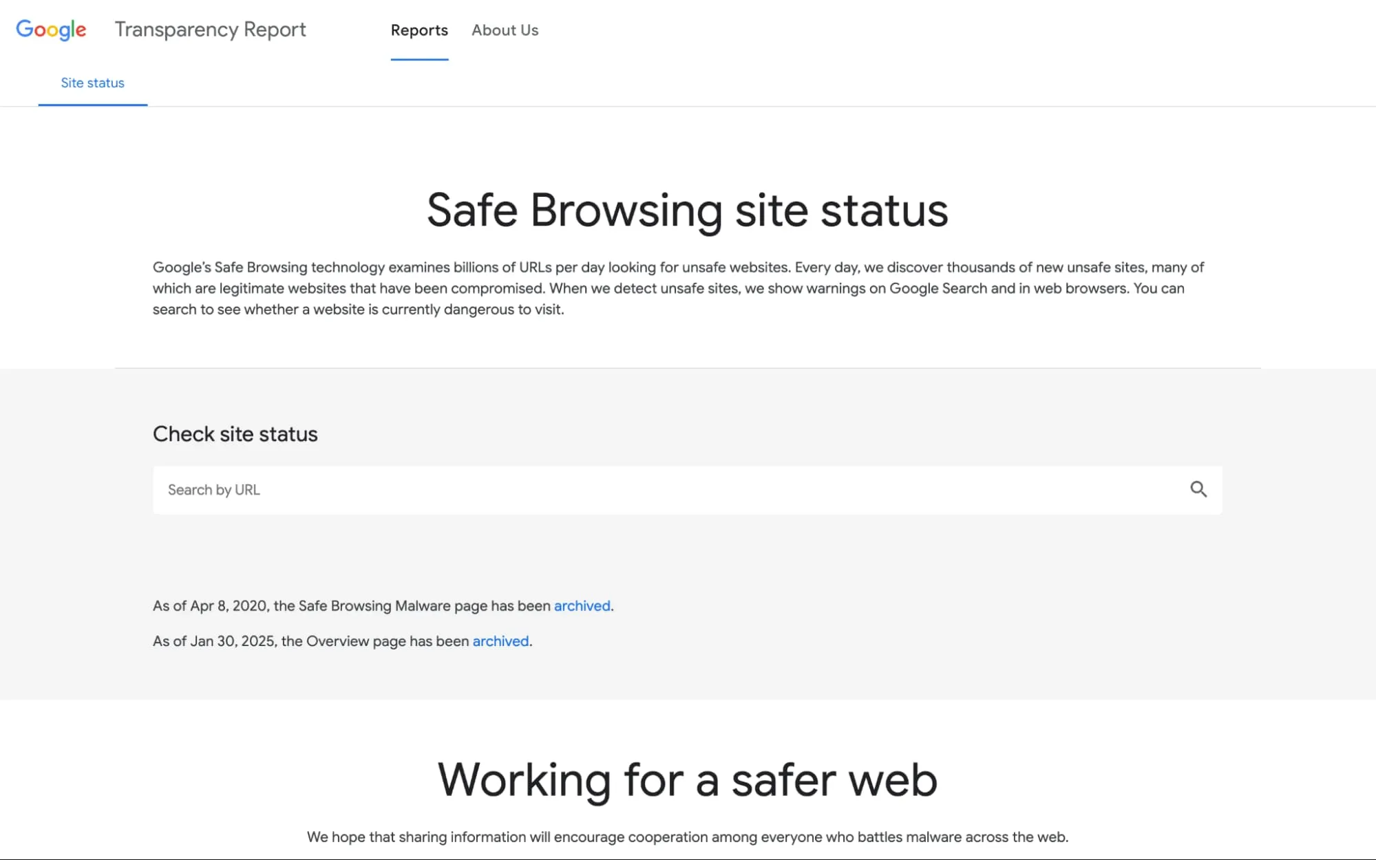 Google Transparency Report page showing Safe Browsing site status, URL search bar, and information about archived malware and overview pages.
