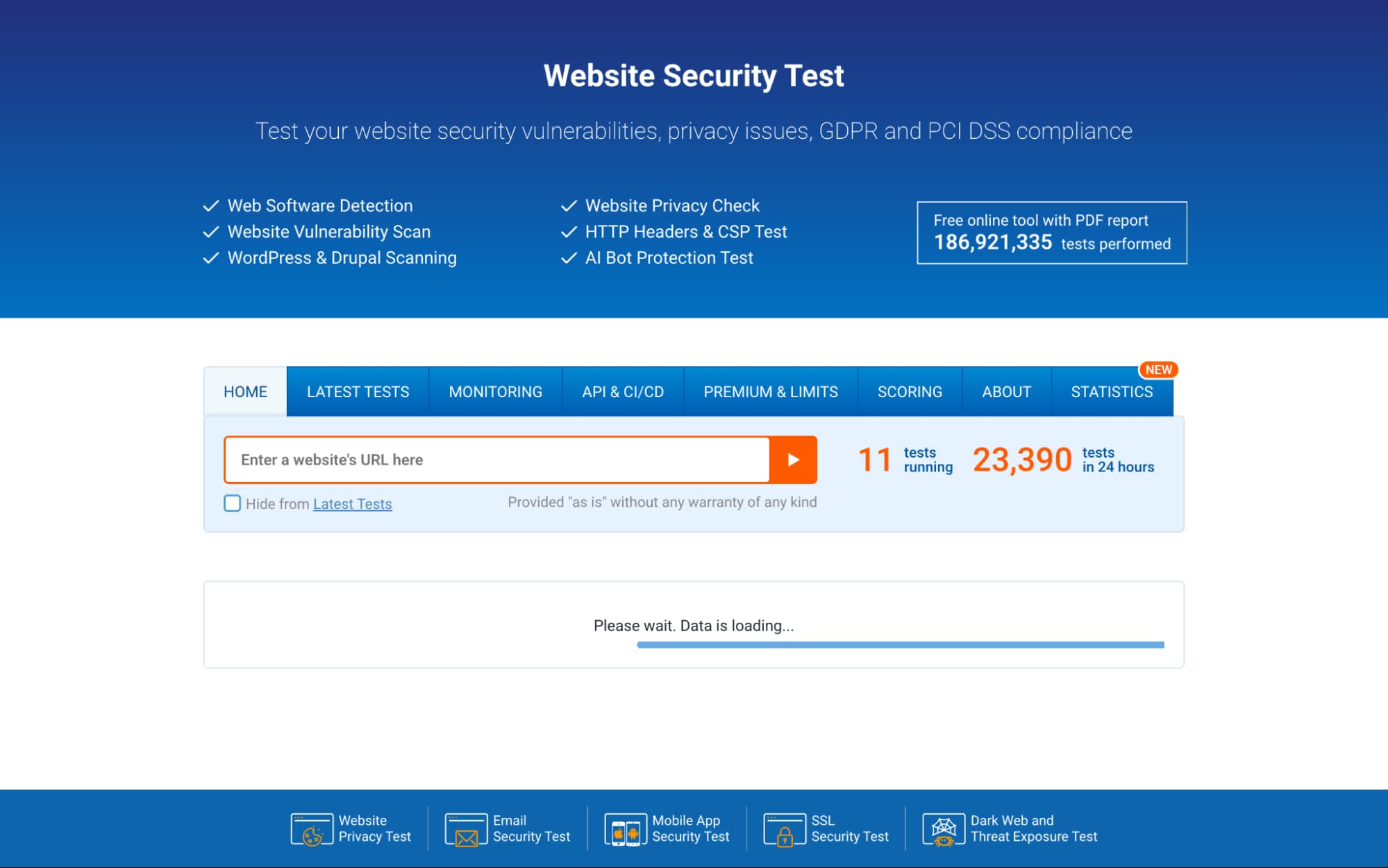 ImmuniWeb Website Security Test page with URL scan field, vulnerability checks, GDPR and PCI DSS compliance testing, and live test statistics.