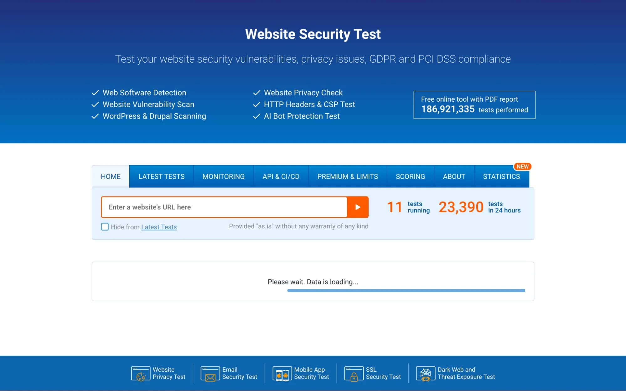 ImmuniWeb Website Security Test page with URL scan field, vulnerability checks, GDPR and PCI DSS compliance testing, and live test statistics.