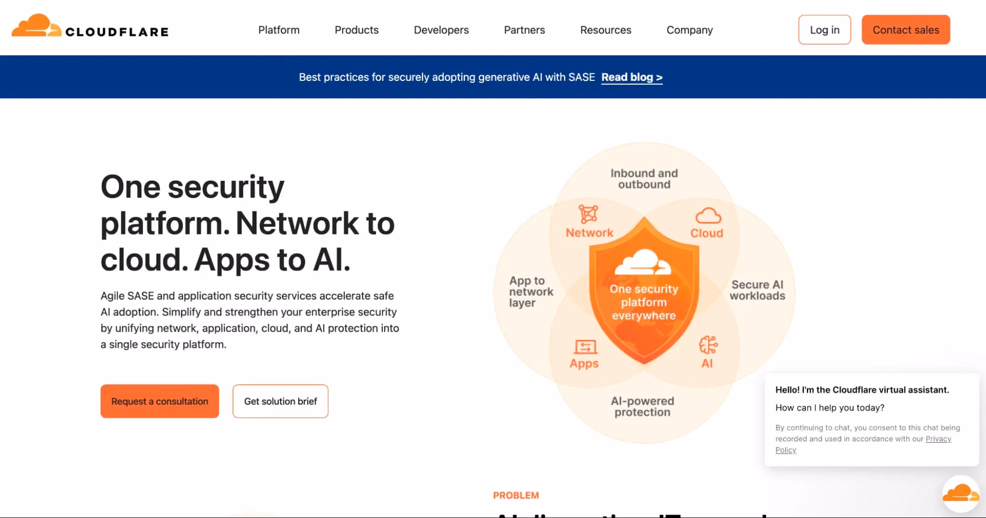 Cloudflare homepage highlighting one security platform for network, cloud, apps, and AI, with SASE services and consultation CTA buttons.