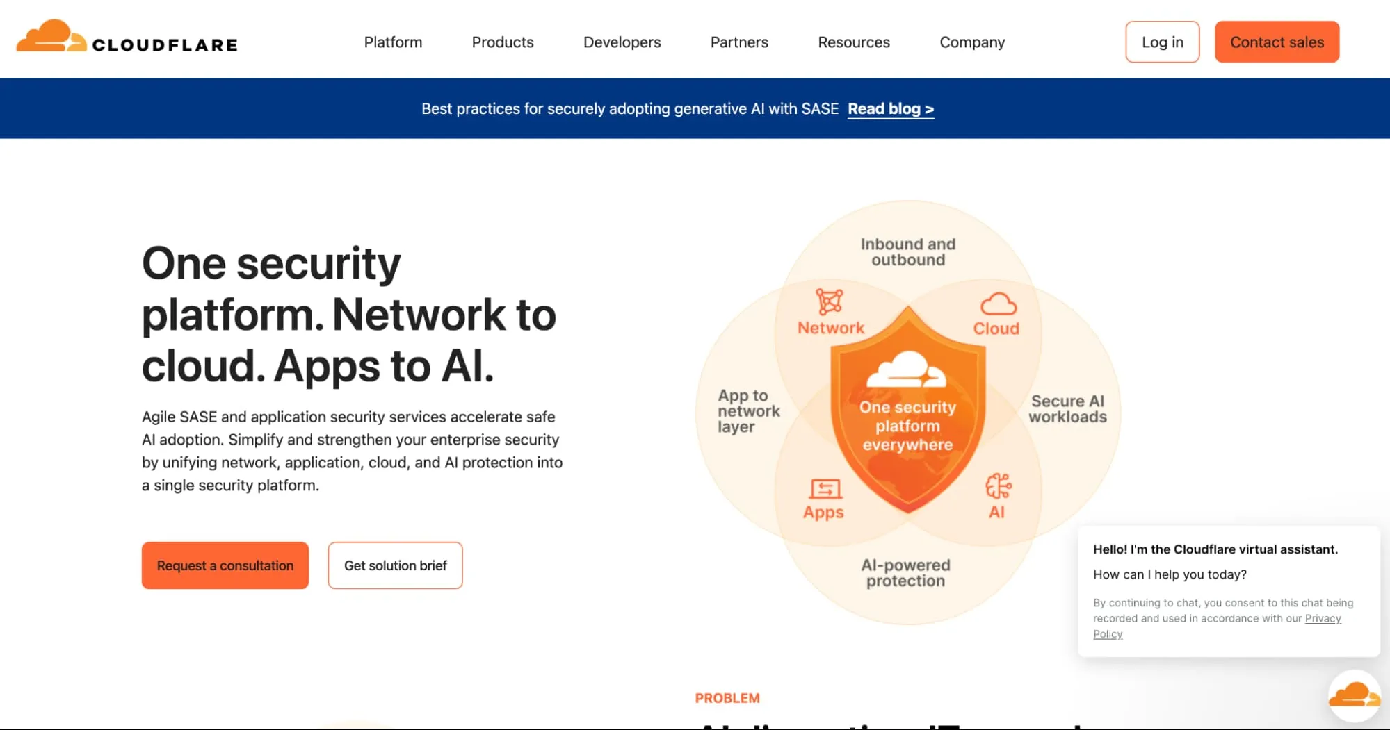 Cloudflare homepage highlighting one security platform for network, cloud, apps, and AI, with SASE services and consultation CTA buttons.