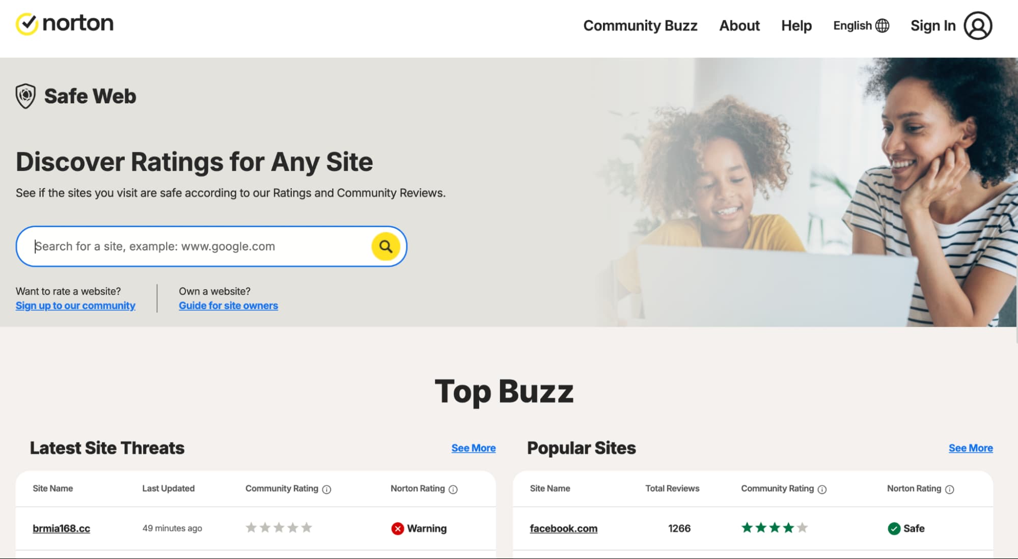 Norton Safe Web page with search bar to check site ratings, latest site threats, and community and Norton safety scores.