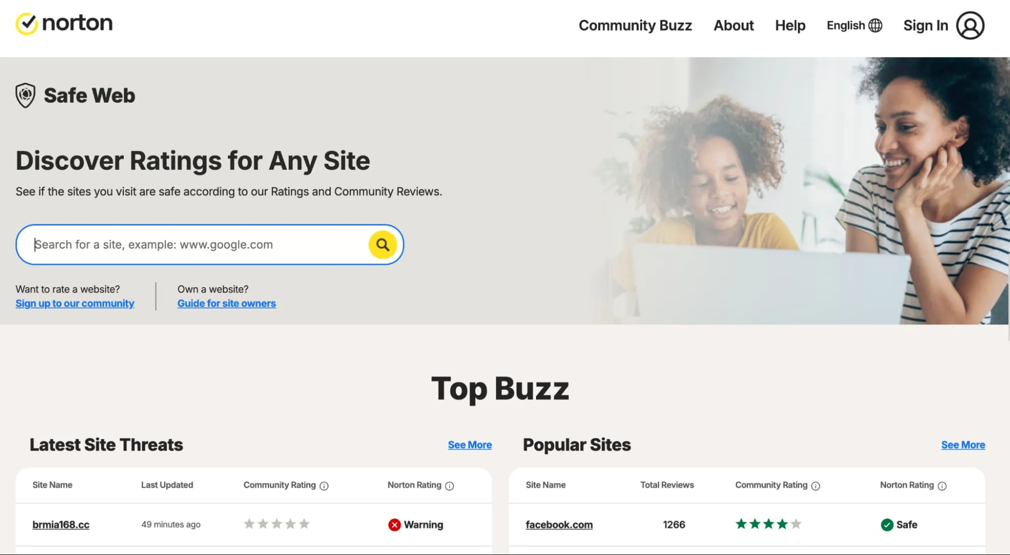 Norton Safe Web page with search bar to check site ratings, latest site threats, and community and Norton safety scores.