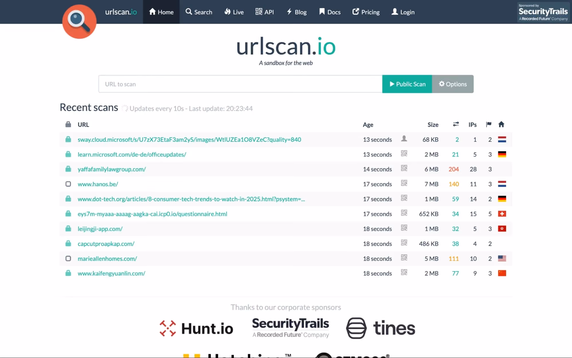 urlscan.io homepage showing URL scan field and list of recent scans with IPs and file sizes.