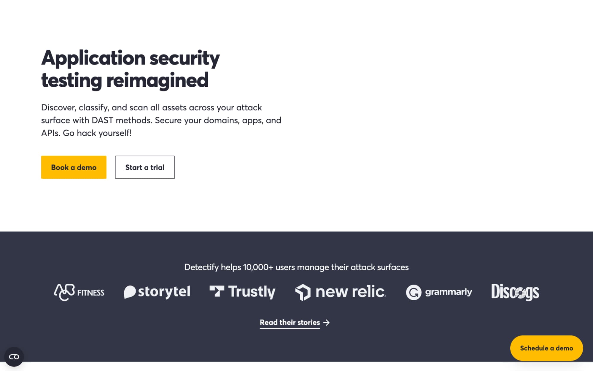 Detectify homepage promoting application security testing with DAST, demo and trial buttons, and customer logos.