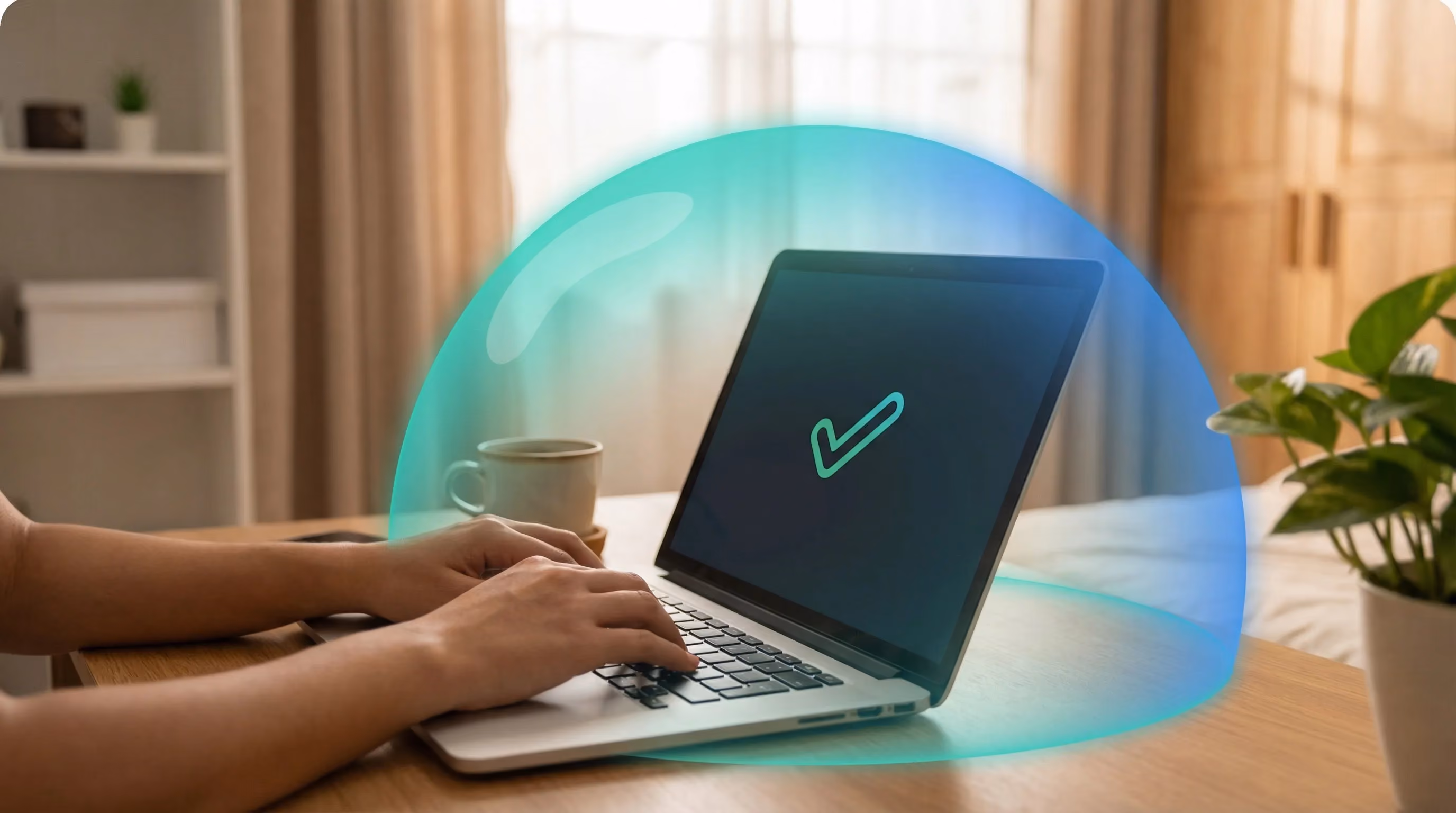 Person at desk with laptop displaying checkmark icon, protected by teal-blue dome glow