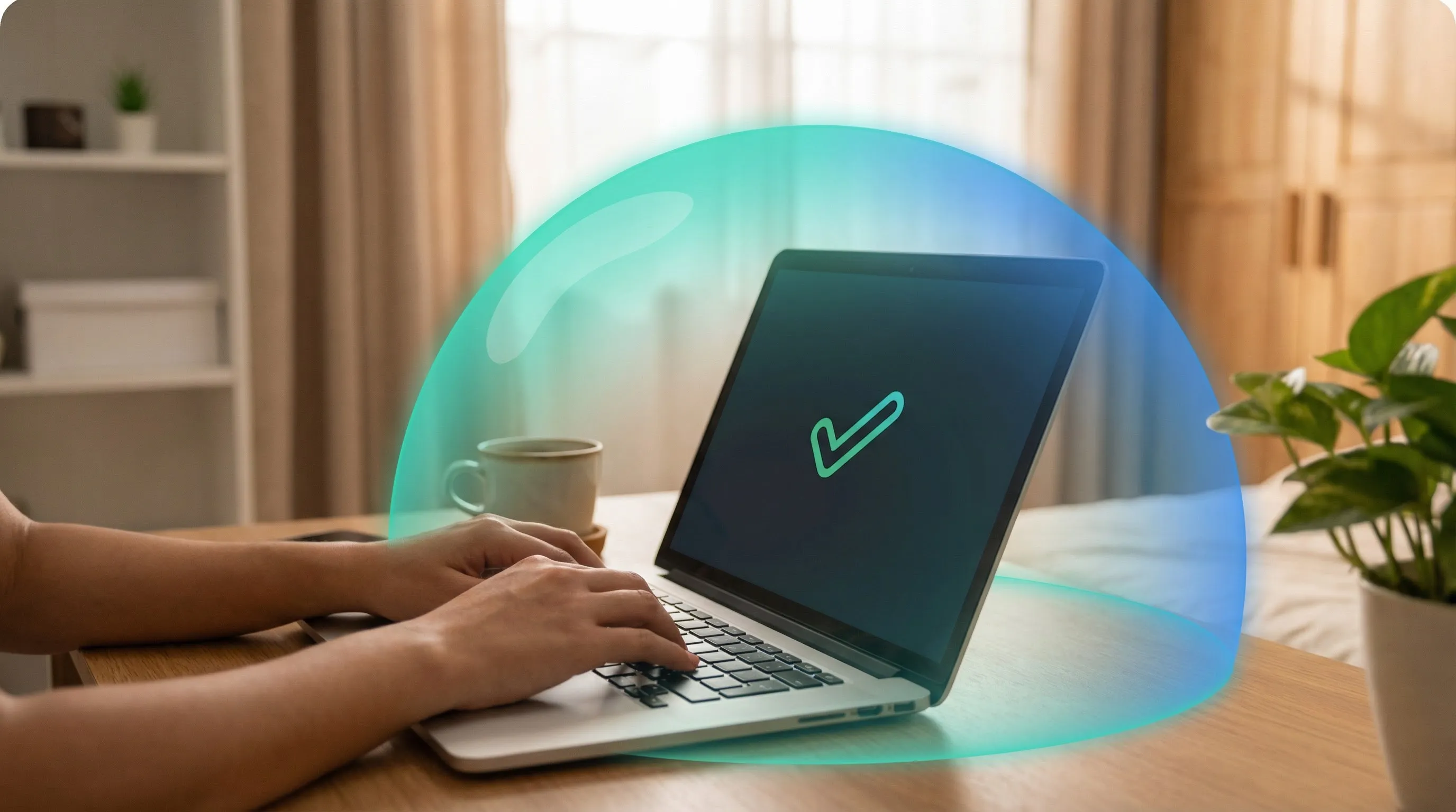 Person at desk with laptop displaying checkmark icon, protected by teal-blue dome glow