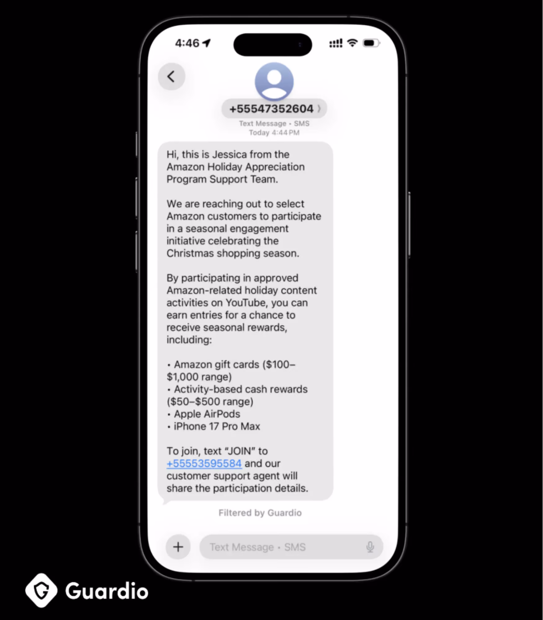 Scam SMS posing as Amazon's "Holiday Appreciation Program" offering fake gift cards and prizes.