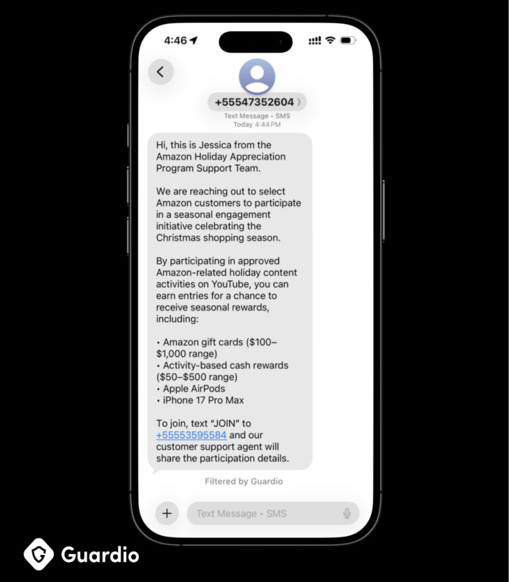 Scam SMS posing as Amazon's "Holiday Appreciation Program" offering fake gift cards and prizes.