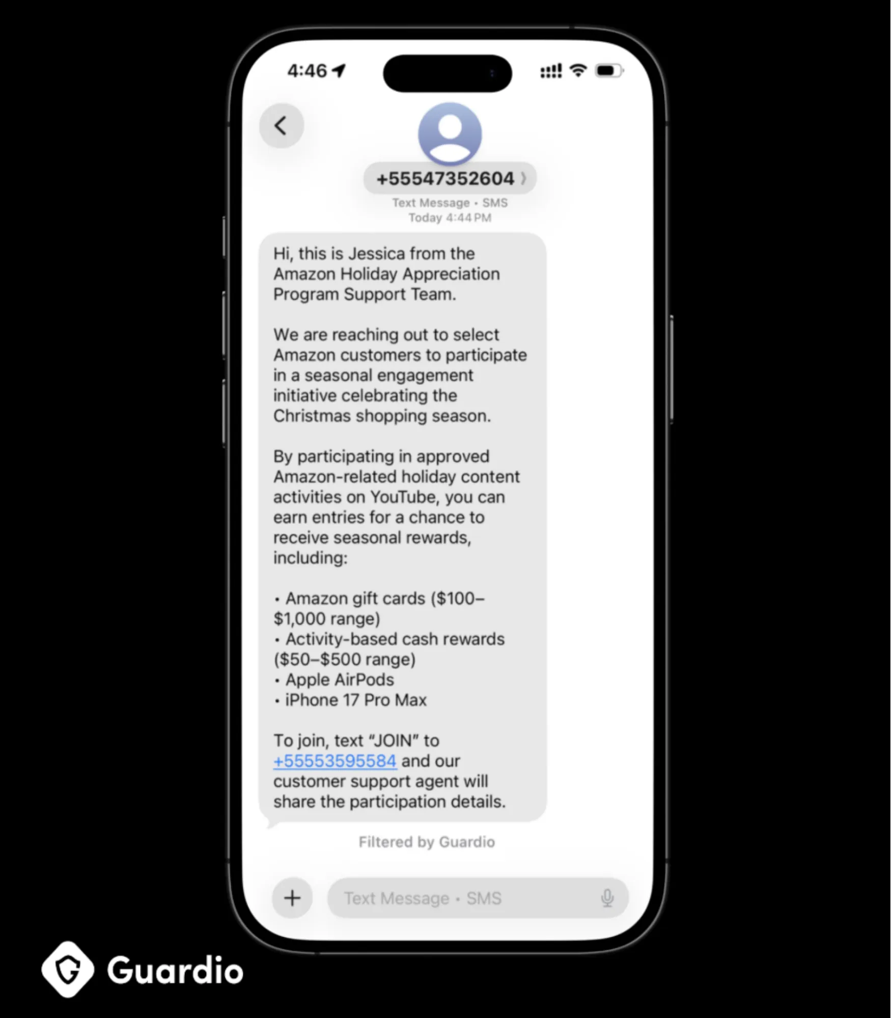 Scam SMS posing as Amazon's "Holiday Appreciation Program" offering fake gift cards and prizes.