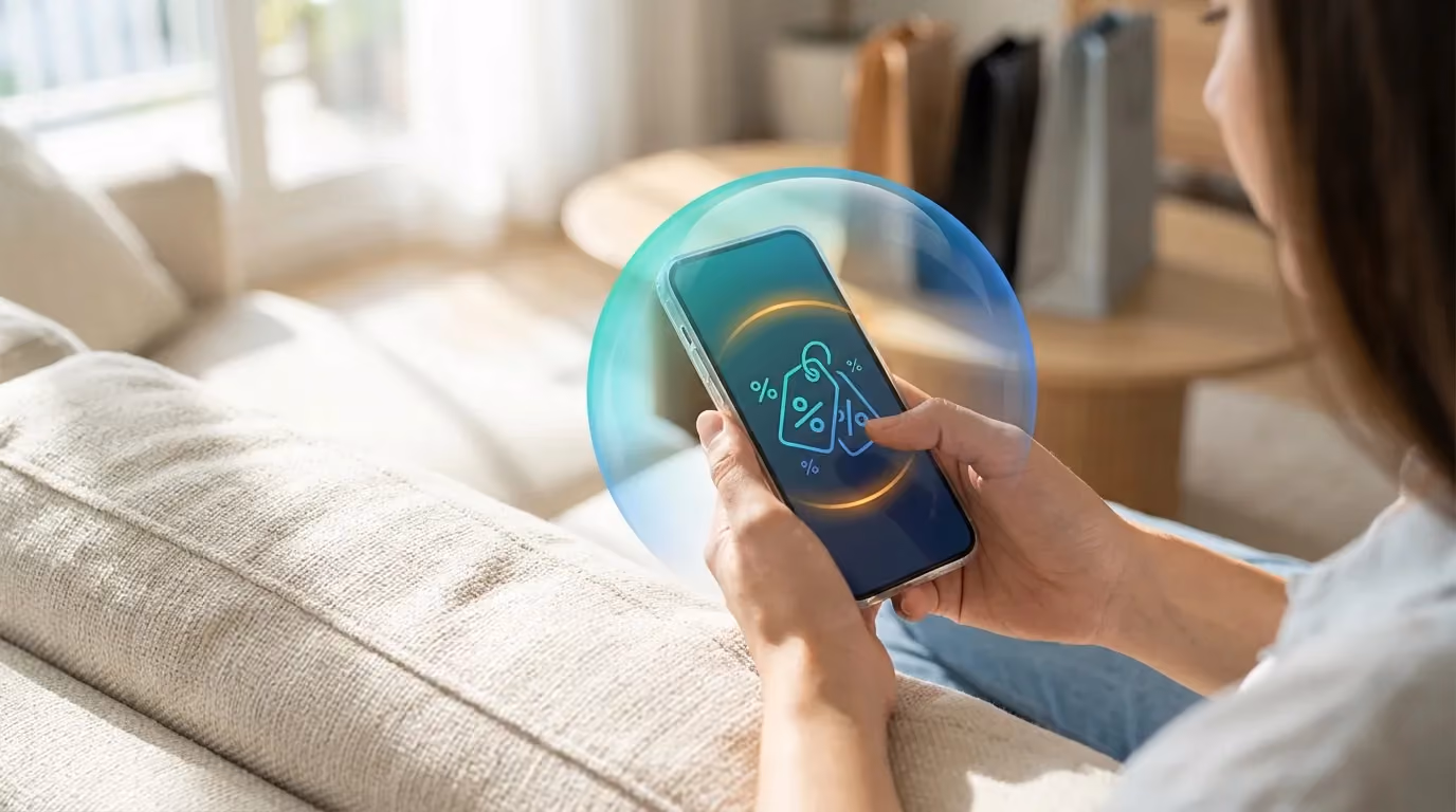 Fake discount scams - woman on couch shopping on phone with protective shield