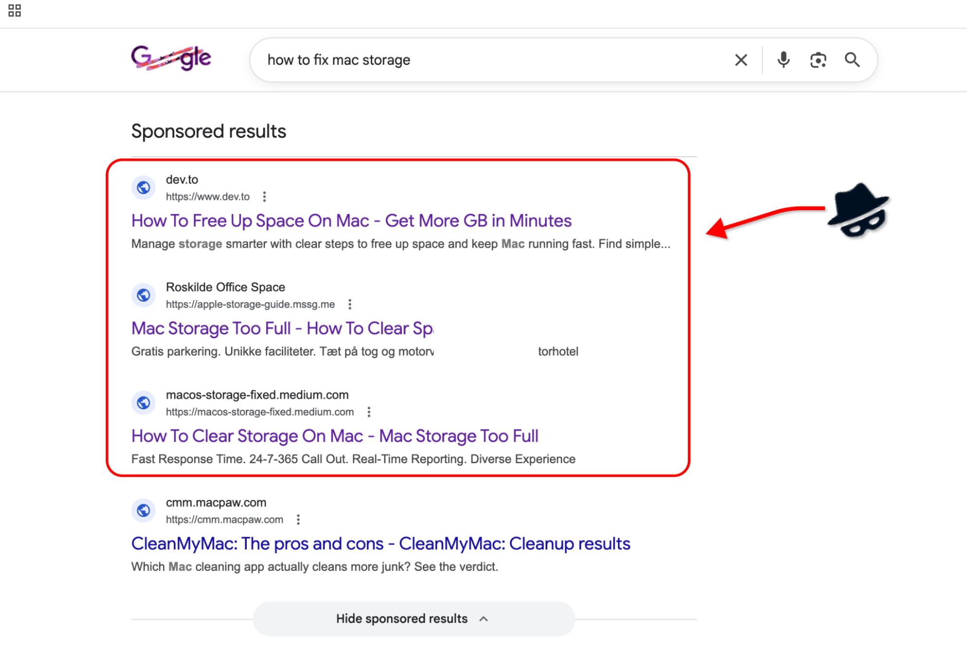 Google search results showing sponsored ads for Mac storage fixes on sites like dev.to and Medium, highlighted as potential scam links.