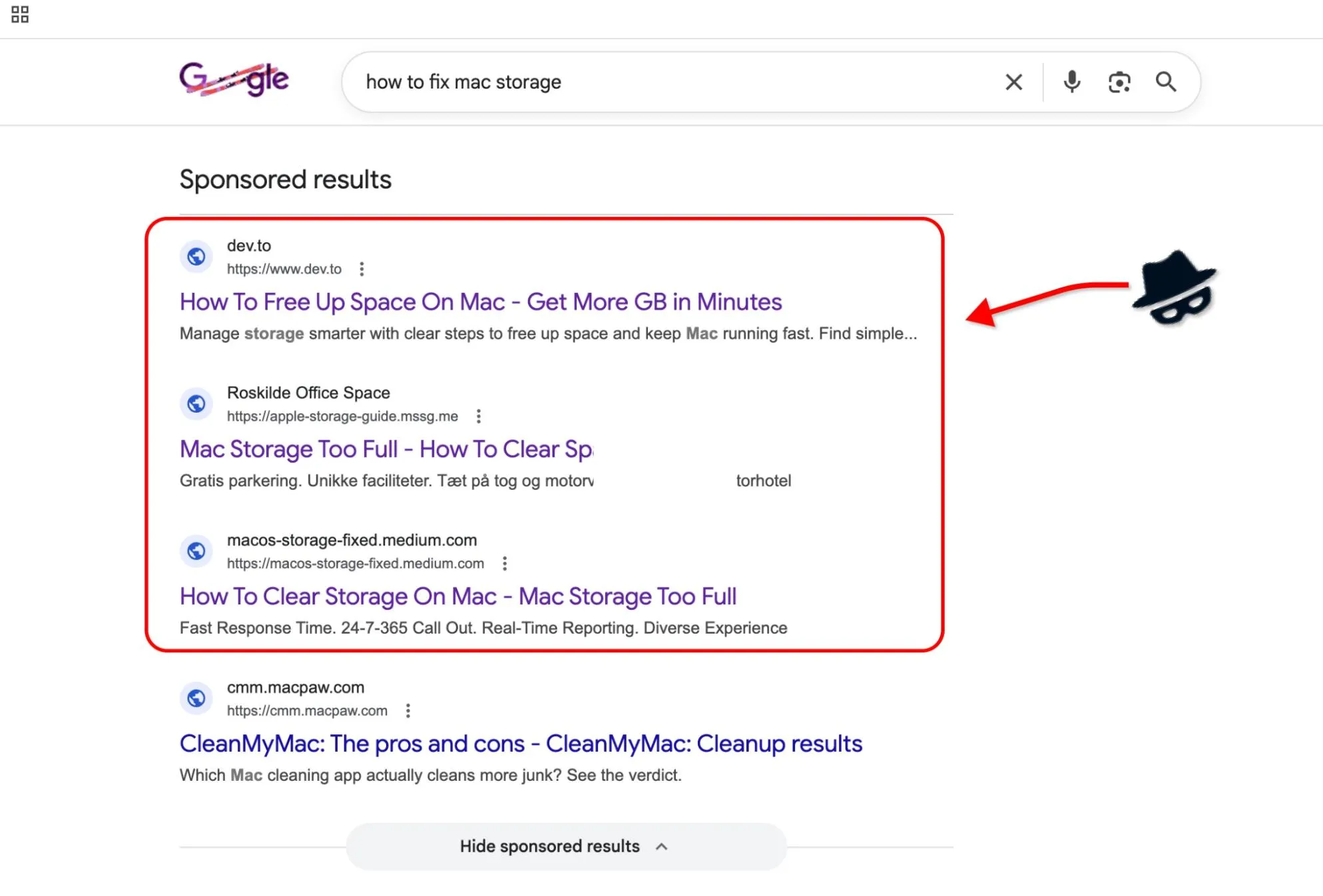 Google search results showing sponsored ads for Mac storage fixes on sites like dev.to and Medium, highlighted as potential scam links.