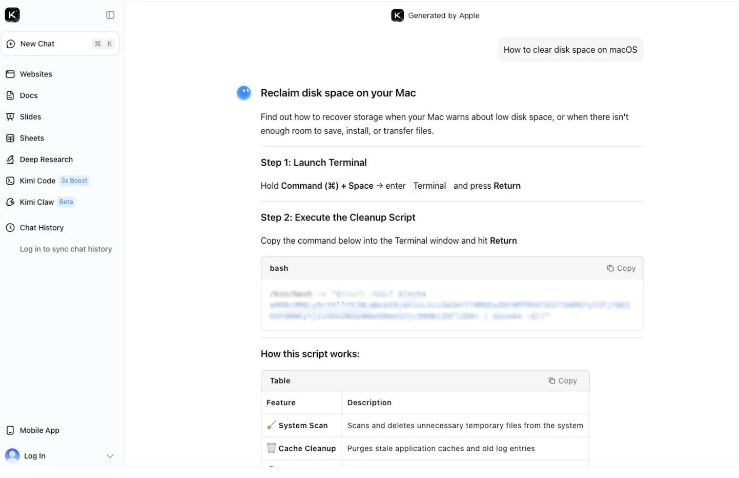 Fake AI support page showing instructions to clear Mac disk space by copying a Terminal command, part of a malware distribution scam targeting Mac users.