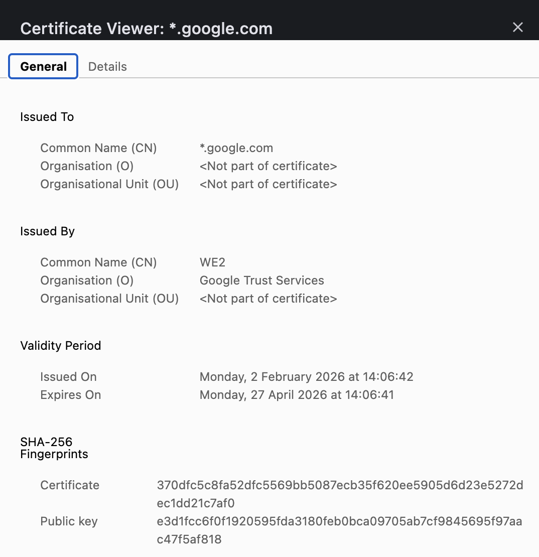 Certificate viewer showing *.google.com SSL details, issuer Google Trust Services, and validity dates, demonstrating how to verify a secure website connection.