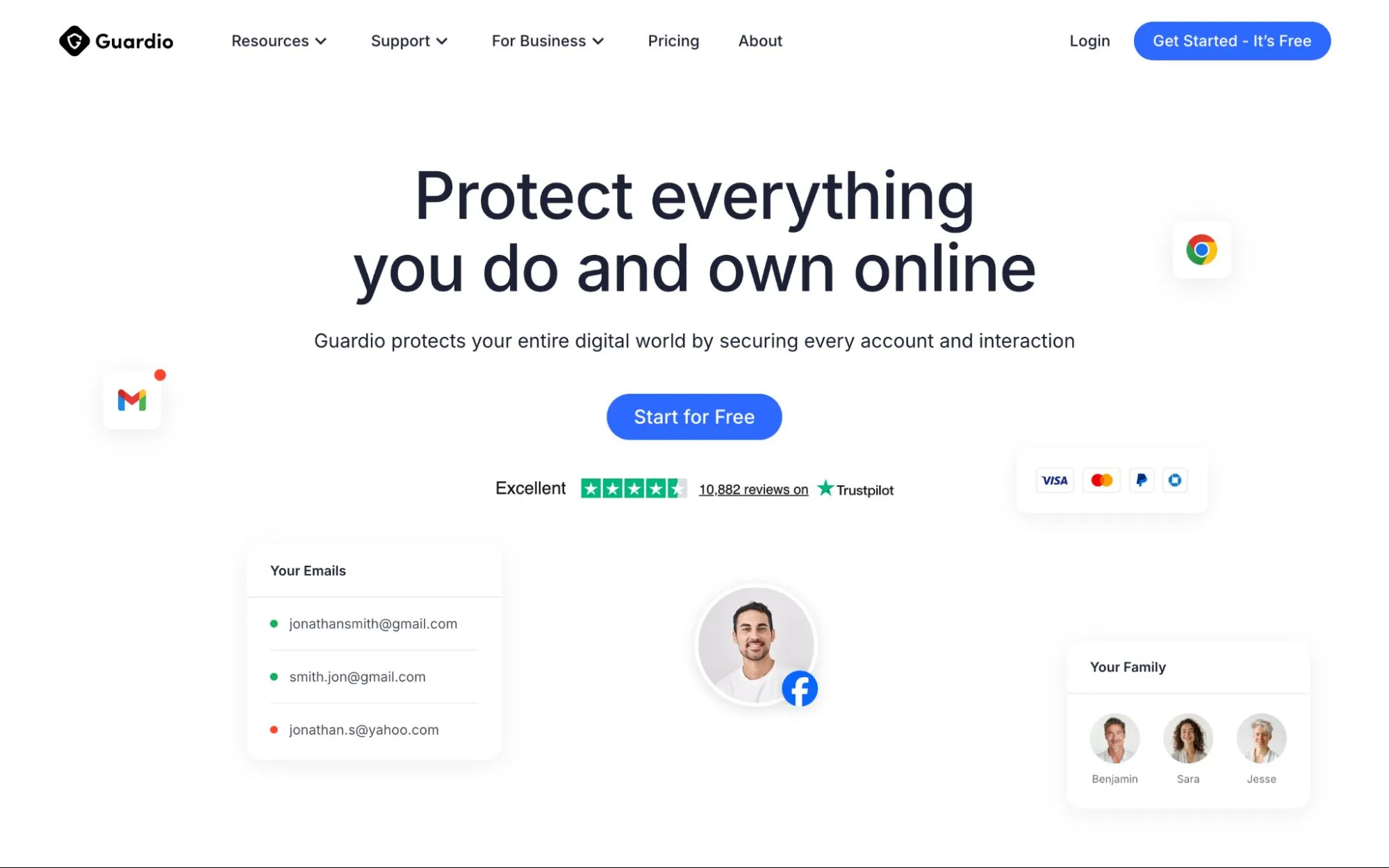 Guardio homepage with headline “Protect everything you do and own online,” a Start for Free button, Trustpilot rating, and security dashboard visuals.