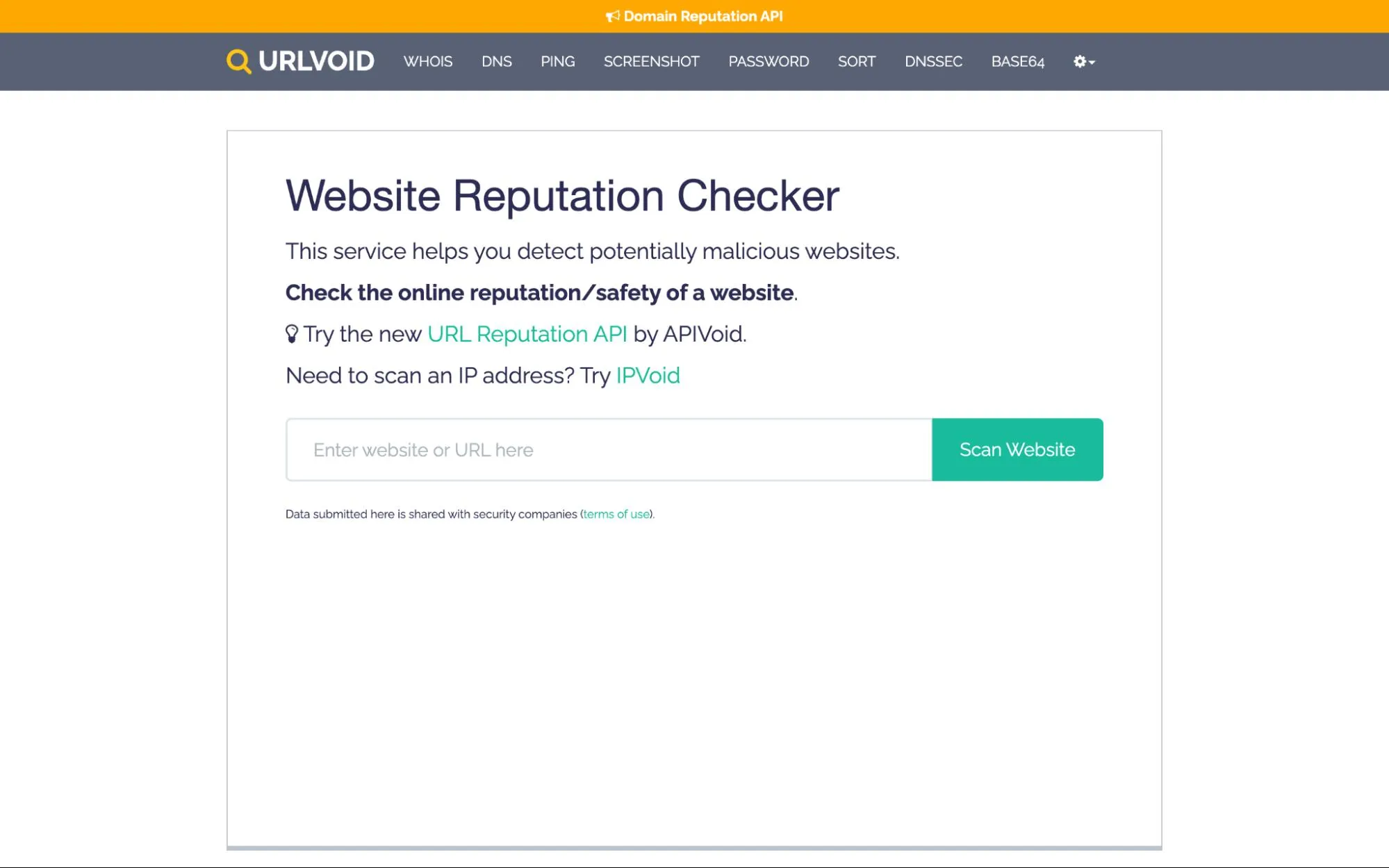 URLVoid Website Reputation Checker page with search bar to scan URLs for safety and detect potentially malicious websites