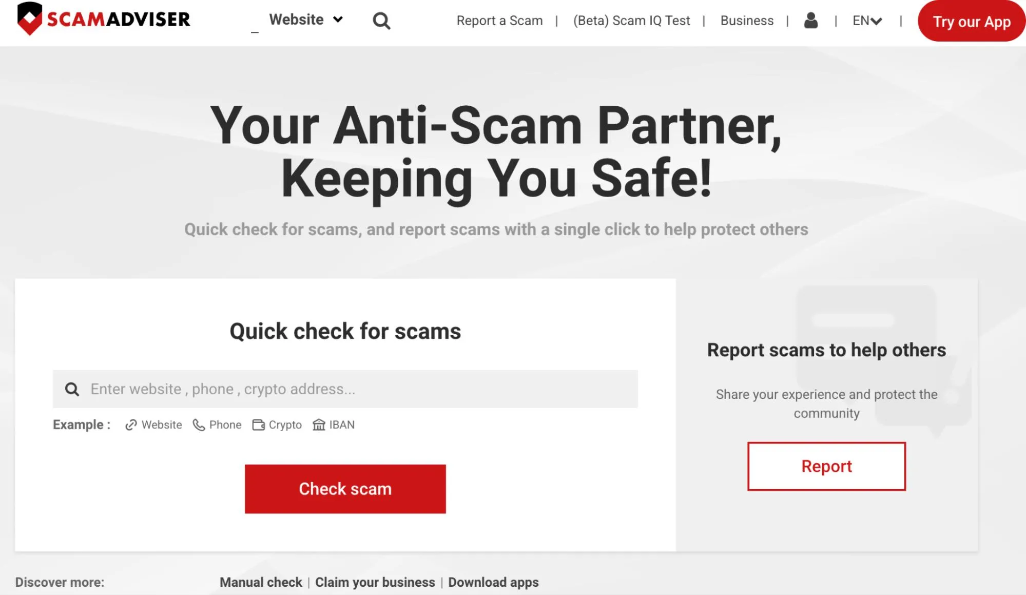 ScamAdviser homepage with “Your Anti-Scam Partner” headline, scam check search bar, and option to report scams