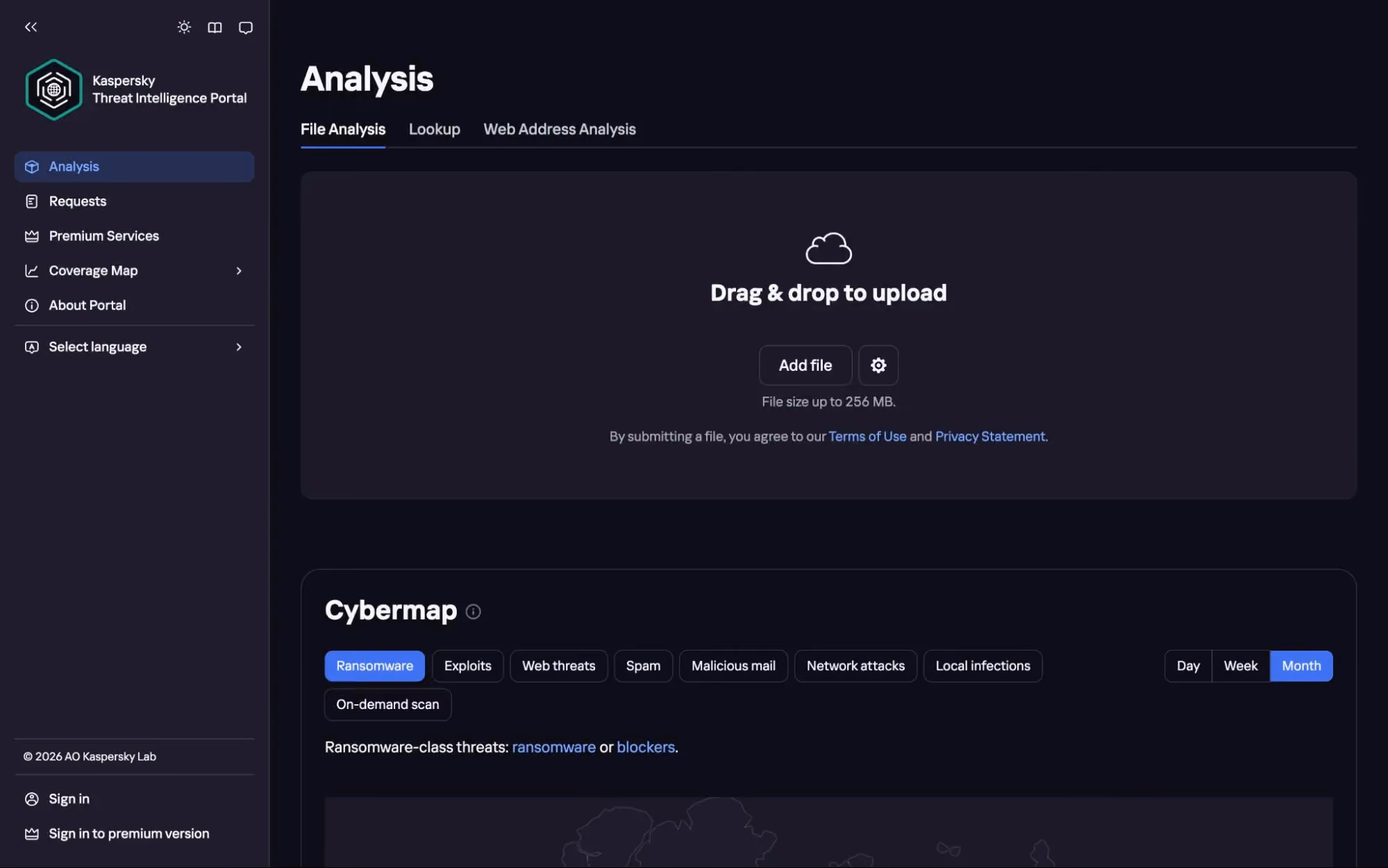 Kaspersky Threat Intelligence Portal analysis page with file upload area and cyber threat map showing ransomware and other threats