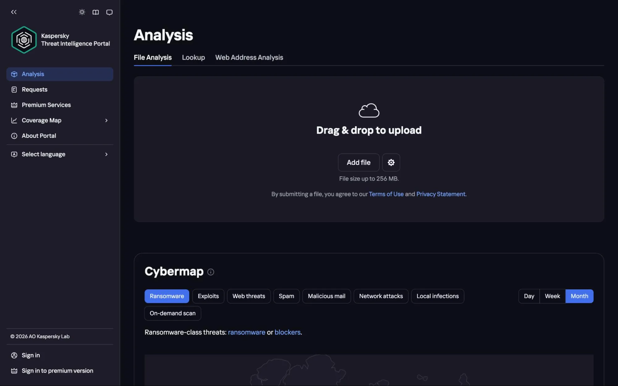 Kaspersky Threat Intelligence Portal analysis page with file upload area and cyber threat map showing ransomware and other threats