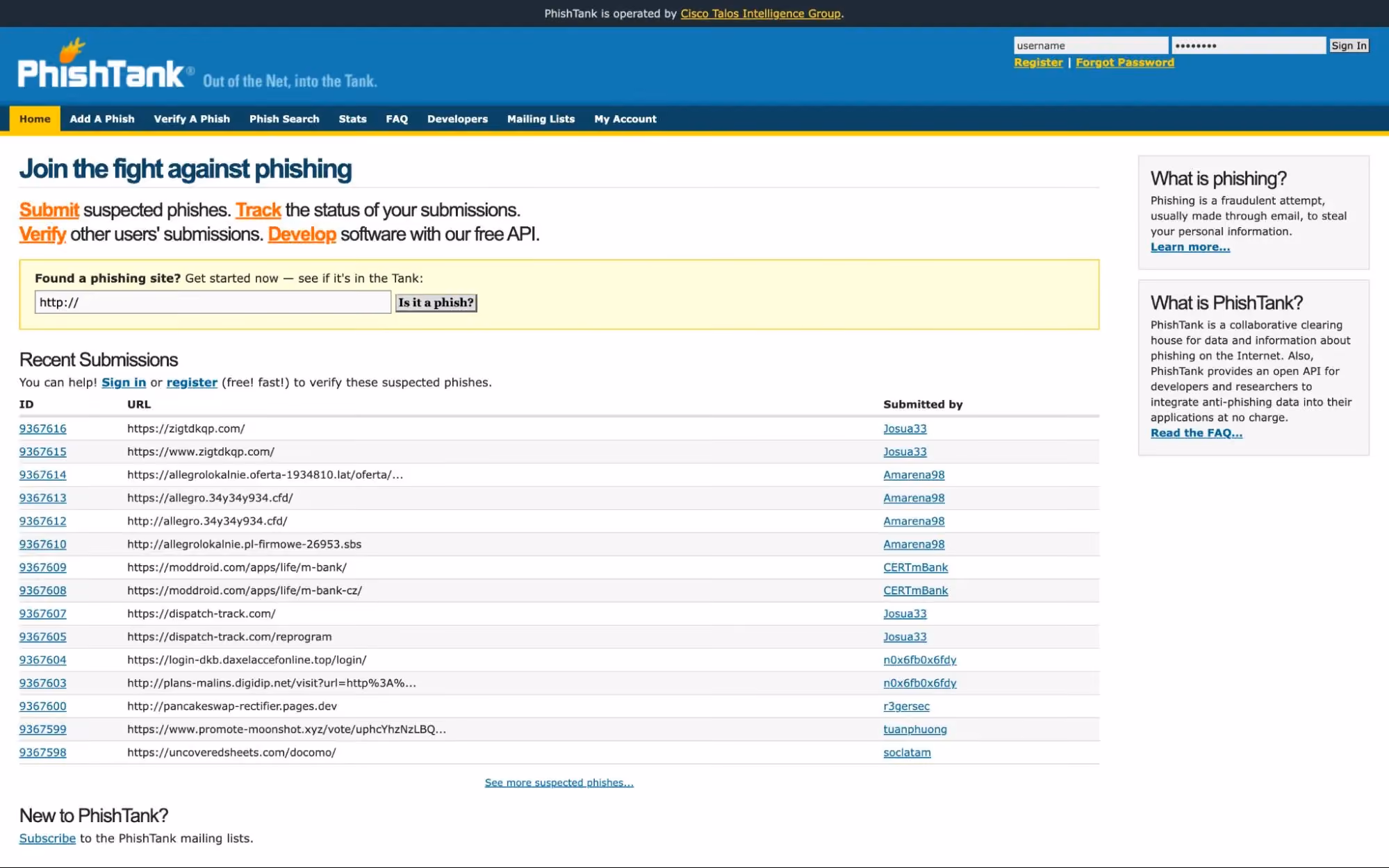 PhishTank homepage with phishing URL search bar, recent submissions list, and options to submit, verify, or track phishing sites