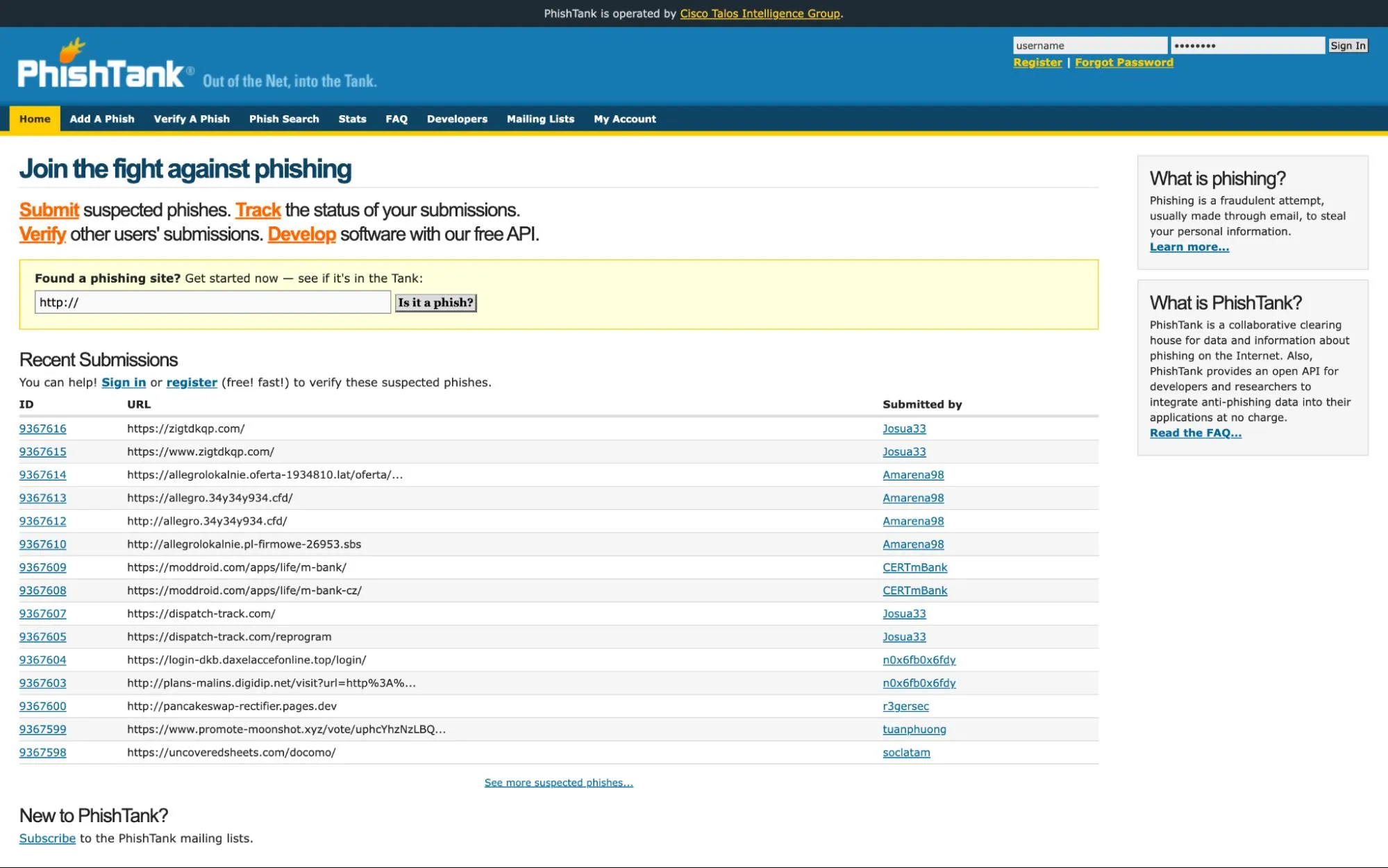 PhishTank homepage with phishing URL search bar, recent submissions list, and options to submit, verify, or track phishing sites