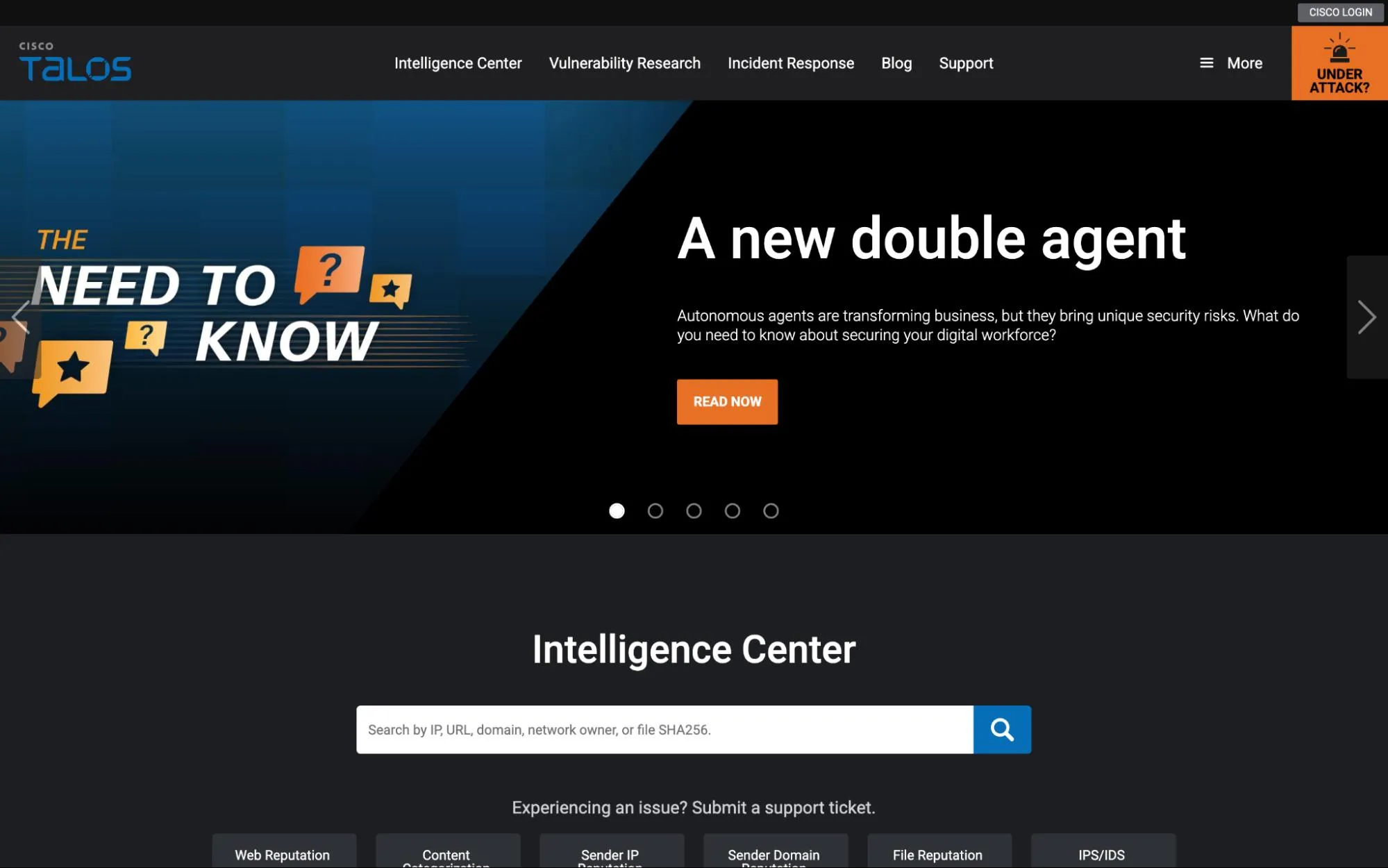 Threat intelligence dashboard with “A new double agent” banner, search bar for IP/URL/file hash, and tools for web, file, and domain reputation