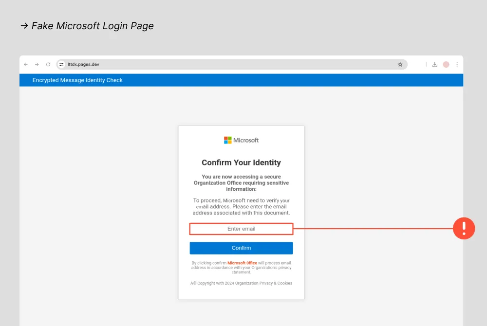 Fake Microsoft 365 login page example