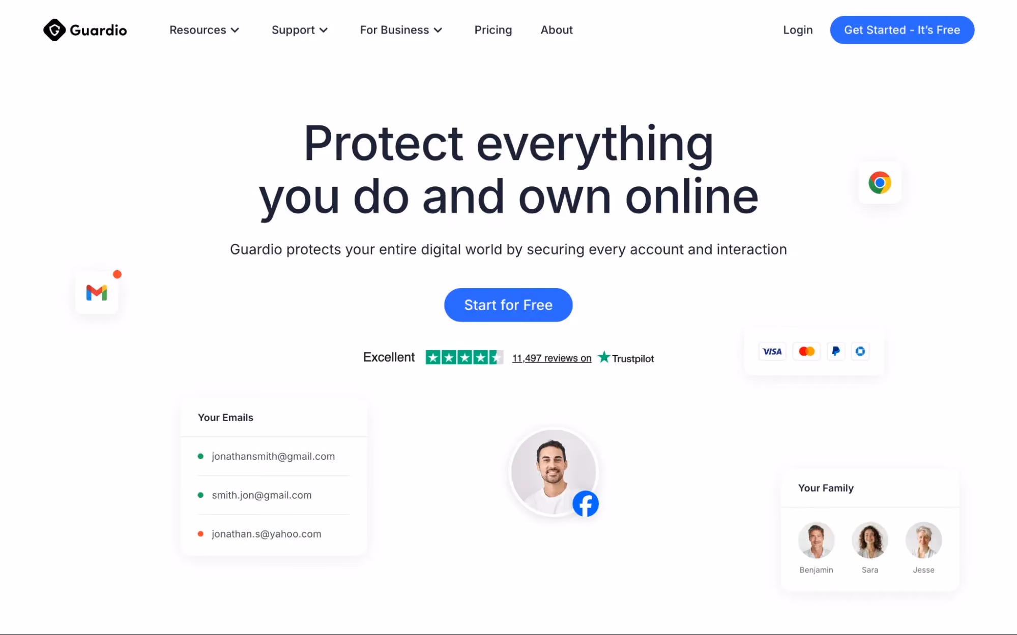 Guardio homepage with headline about online protection, call-to-action button, reviews, and visuals of email, browser, and family security features.
