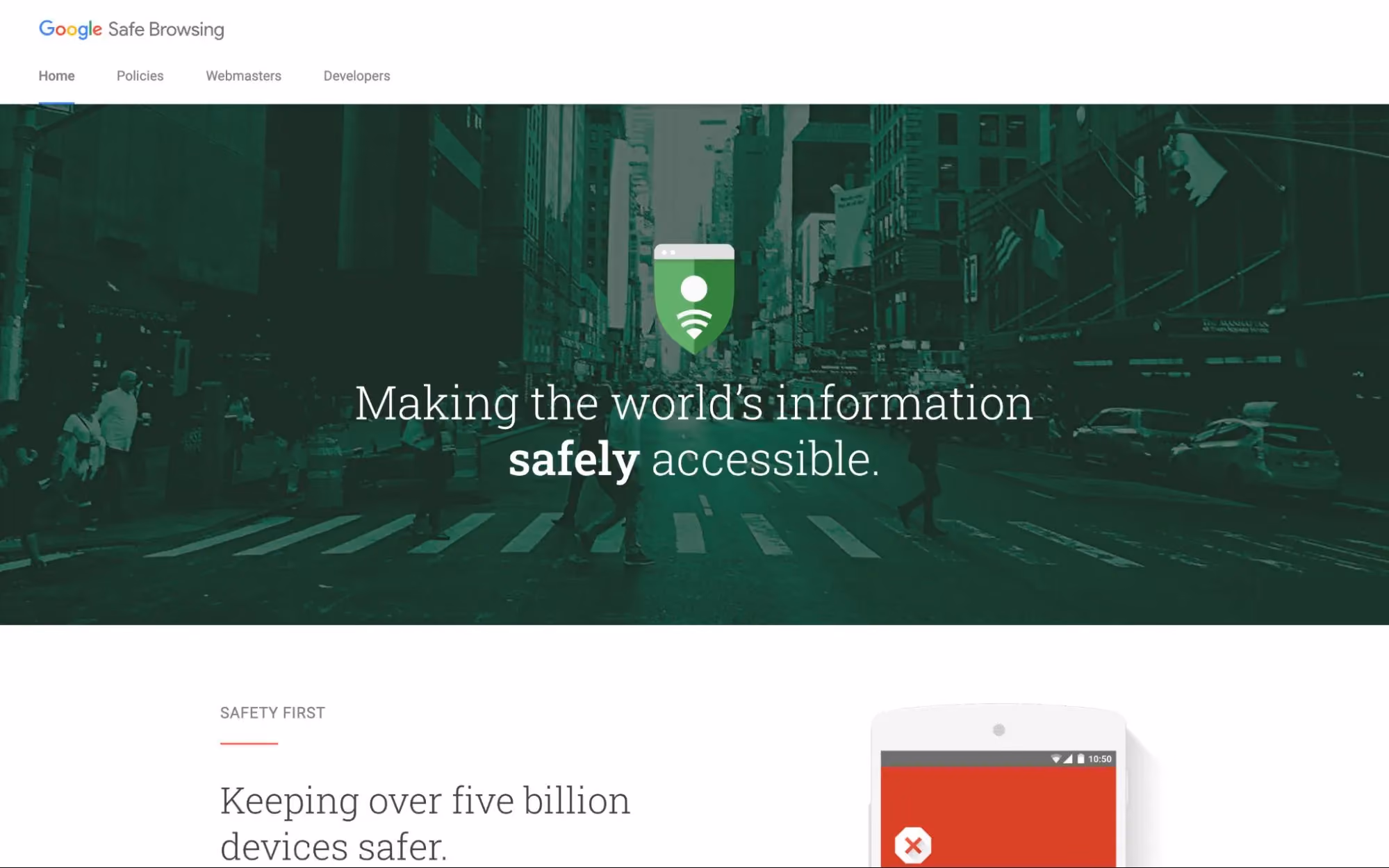 Google Safe Browsing page with the message about making the world’s information safely accessible, highlighting online security efforts.