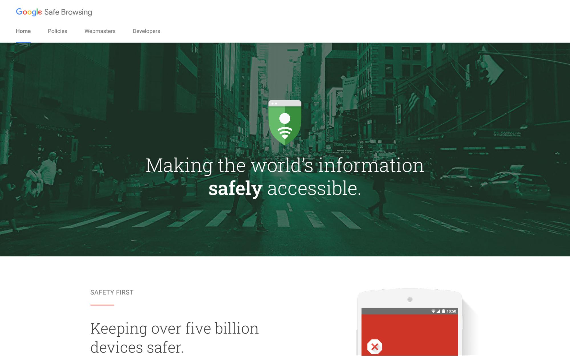 Google Safe Browsing page with the message about making the world’s information safely accessible, highlighting online security efforts.