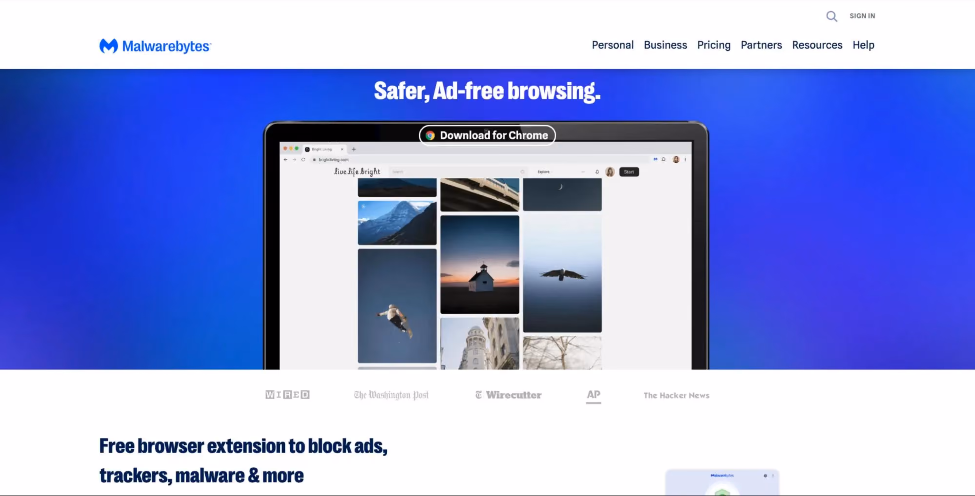 Malwarebytes page promoting safer ad-free browsing with Chrome extension, showing laptop screen and message about blocking ads, trackers, and malware.