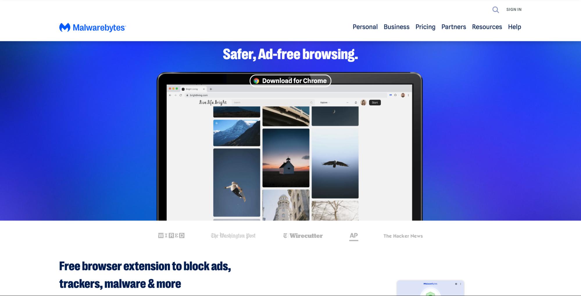 Malwarebytes page promoting safer ad-free browsing with Chrome extension, showing laptop screen and message about blocking ads, trackers, and malware.