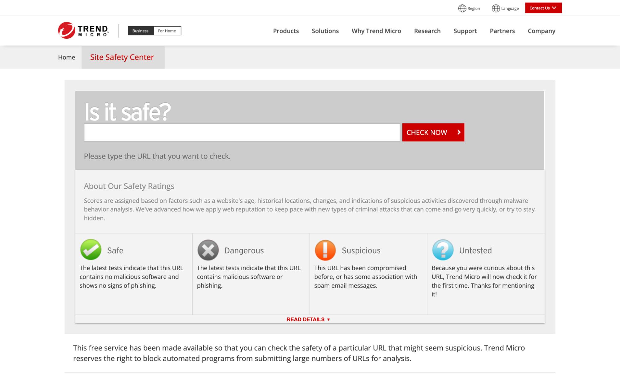 Trend Micro Site Safety Center page with URL checker, “Is it safe?” prompt, and ratings for safe, dangerous, suspicious, or untested sites.