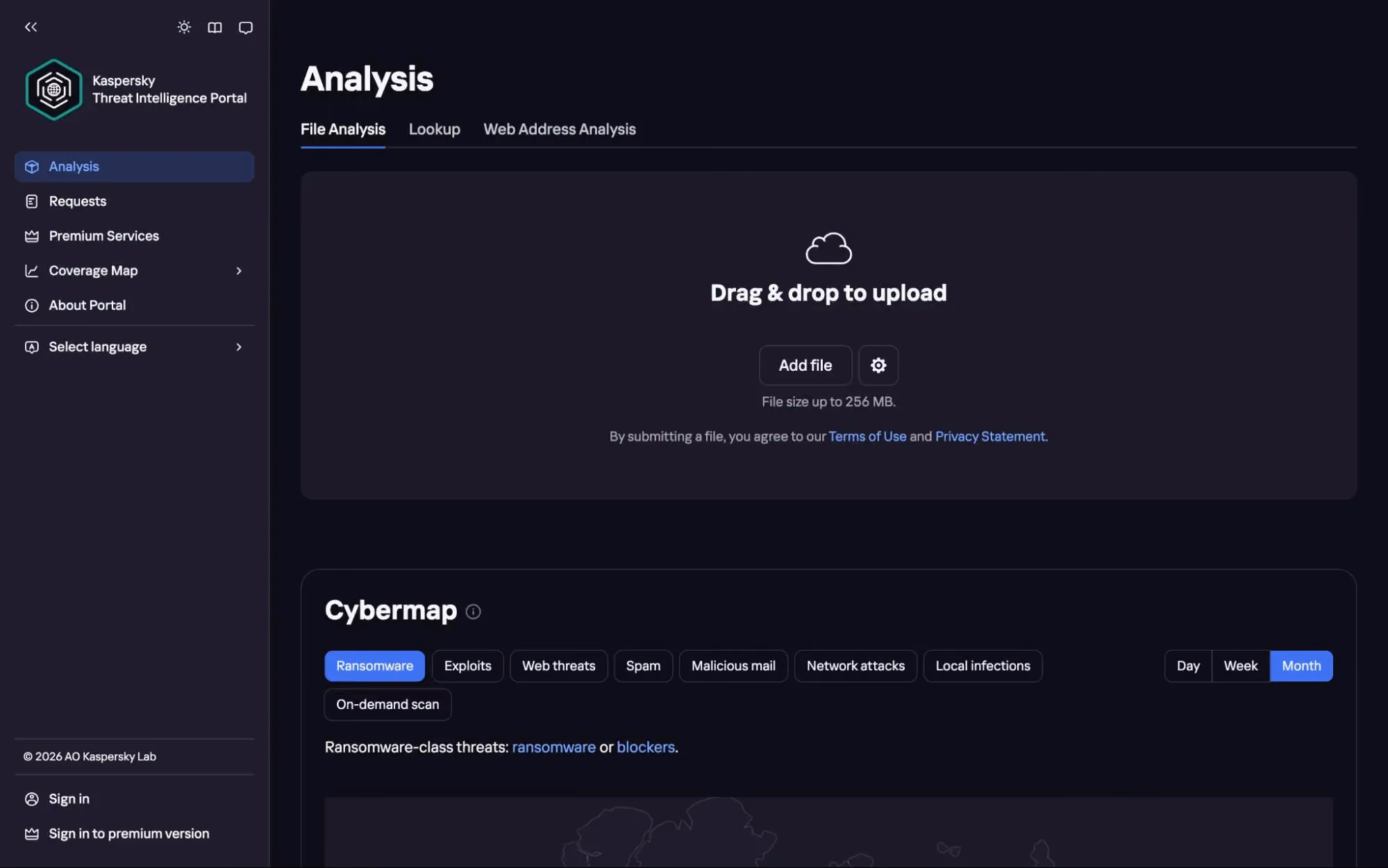 Kaspersky Threat Intelligence Portal showing analysis dashboard with file upload area, cyber threat map, and categories like ransomware and web threats.