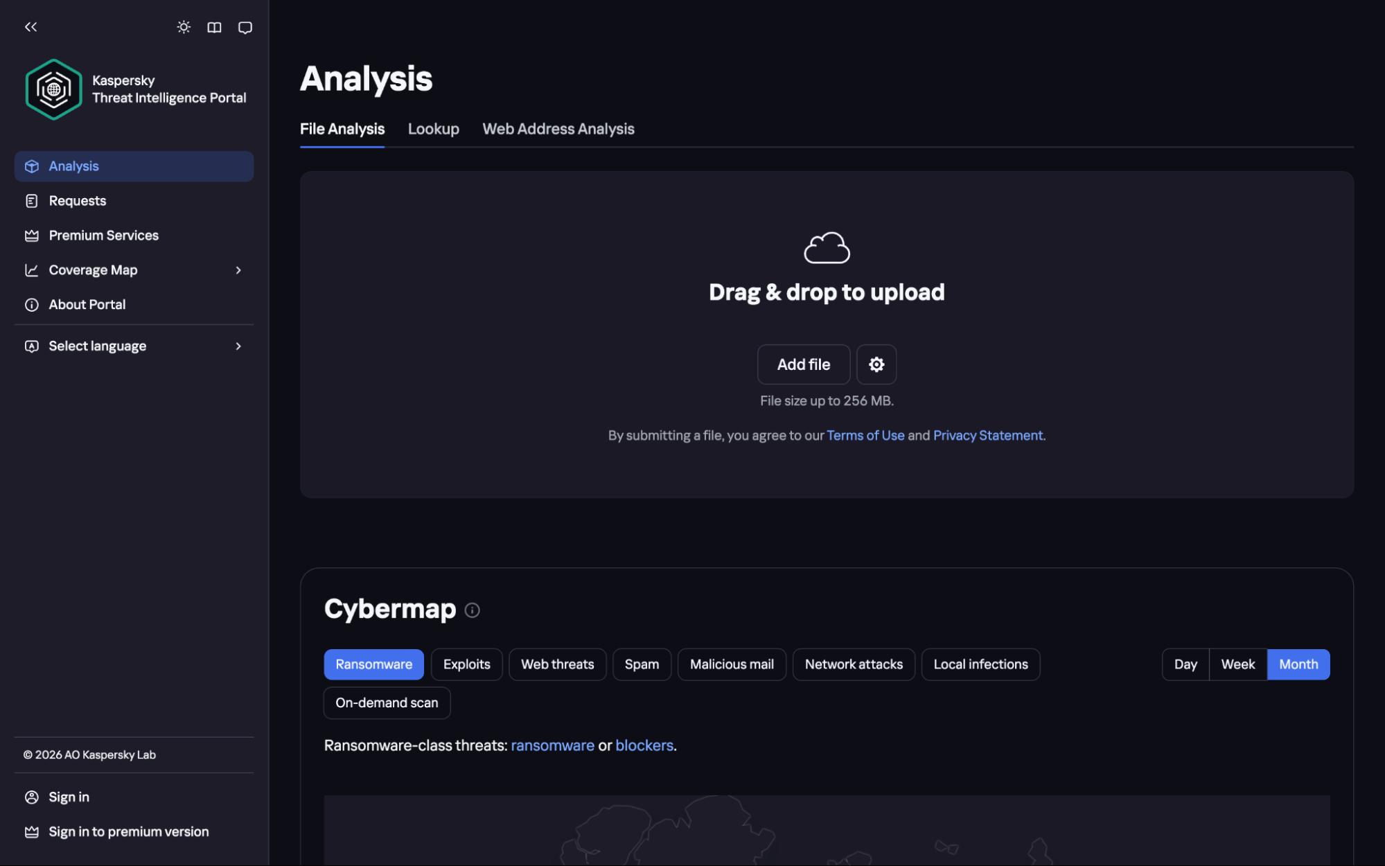 Kaspersky Threat Intelligence Portal showing analysis dashboard with file upload area, cyber threat map, and categories like ransomware and web threats.