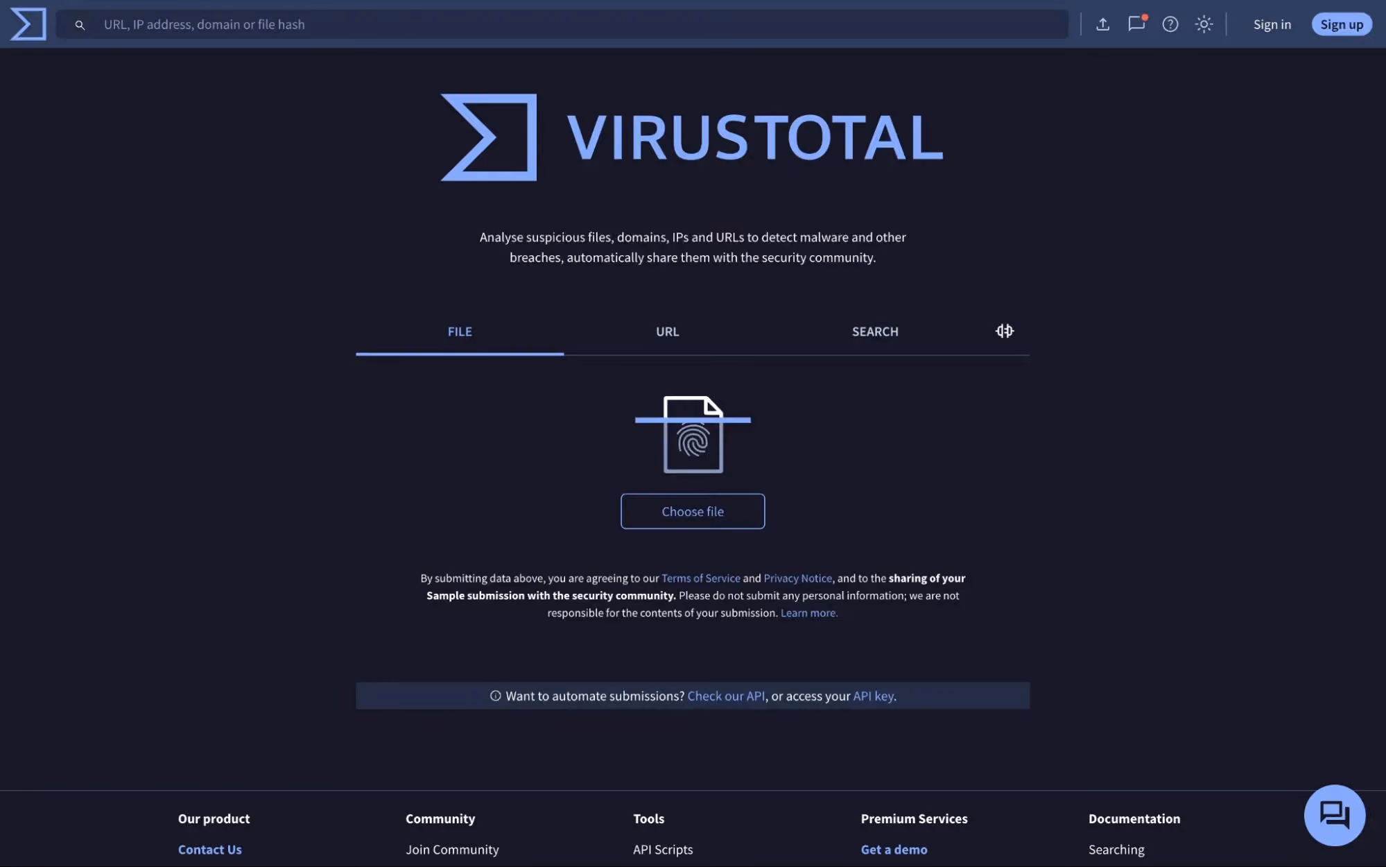 VirusTotal homepage with file upload tool to analyze suspicious files, URLs, and domains for malware and security threats.