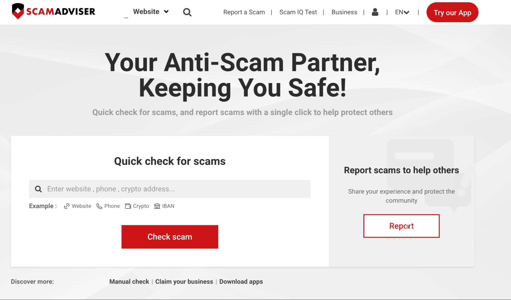 ScamAdviser homepage with scam check tool, search bar for websites or numbers, and option to report scams to protect others.