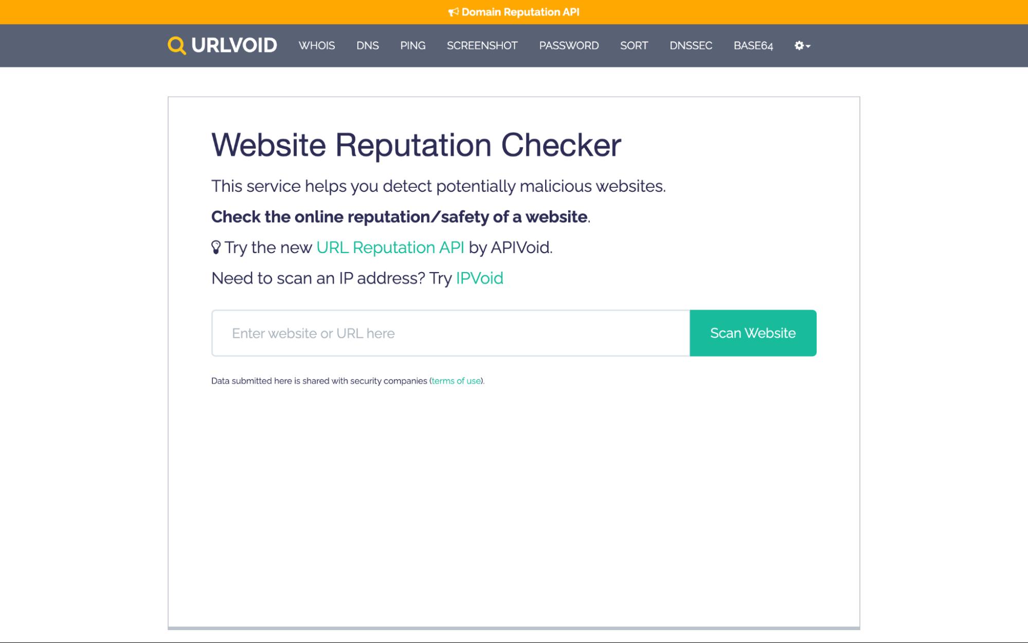 URLVoid website reputation checker page with search bar to scan URLs and detect potentially malicious websites.